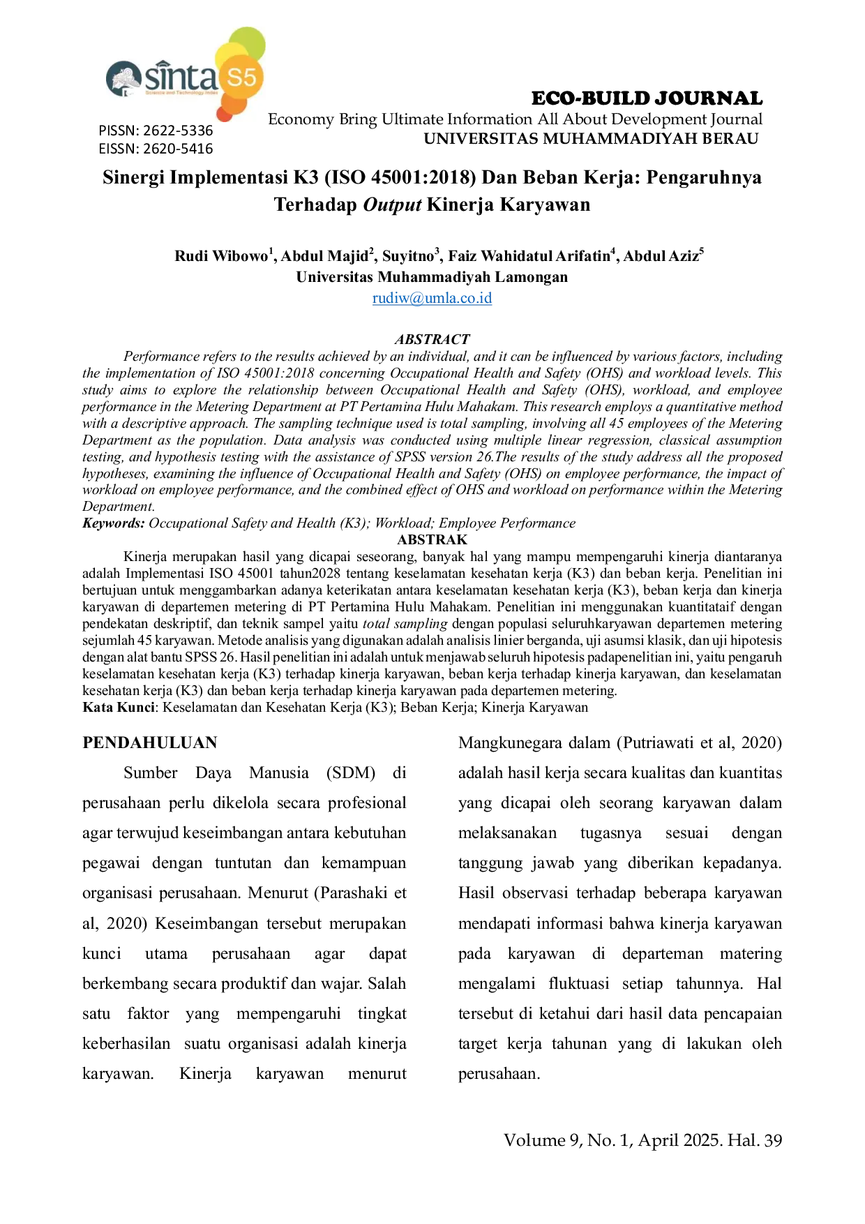 JURIS Sinergi Implementasi K3 ISO 45001 2018 Dan Beban Kerja Pengaruhnya Terhadap Output Kinerja Karyawan
