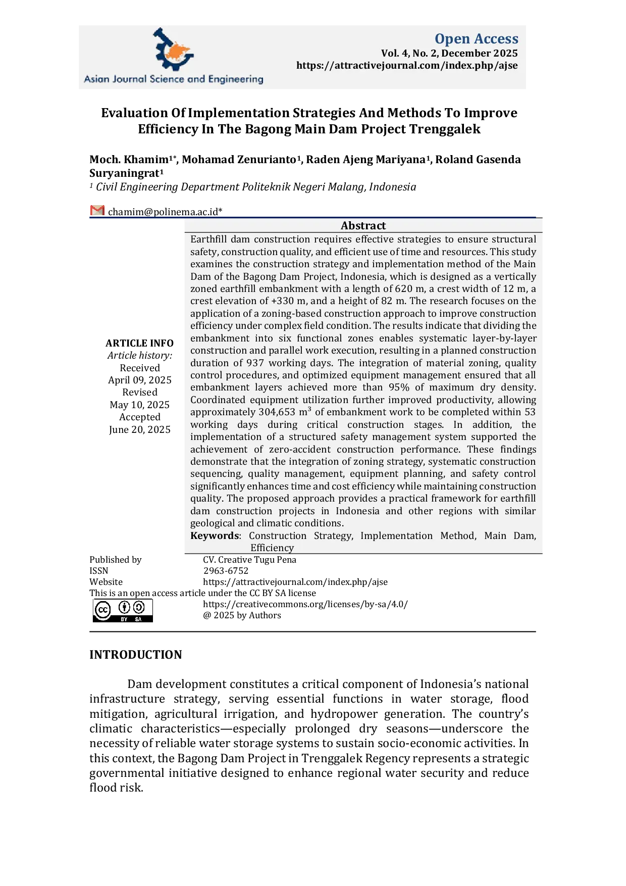 JURIS Evaluation Of Implementation Strategies And Methods To Improve Efficiency In The Bagong Main Dam Project Trenggalek