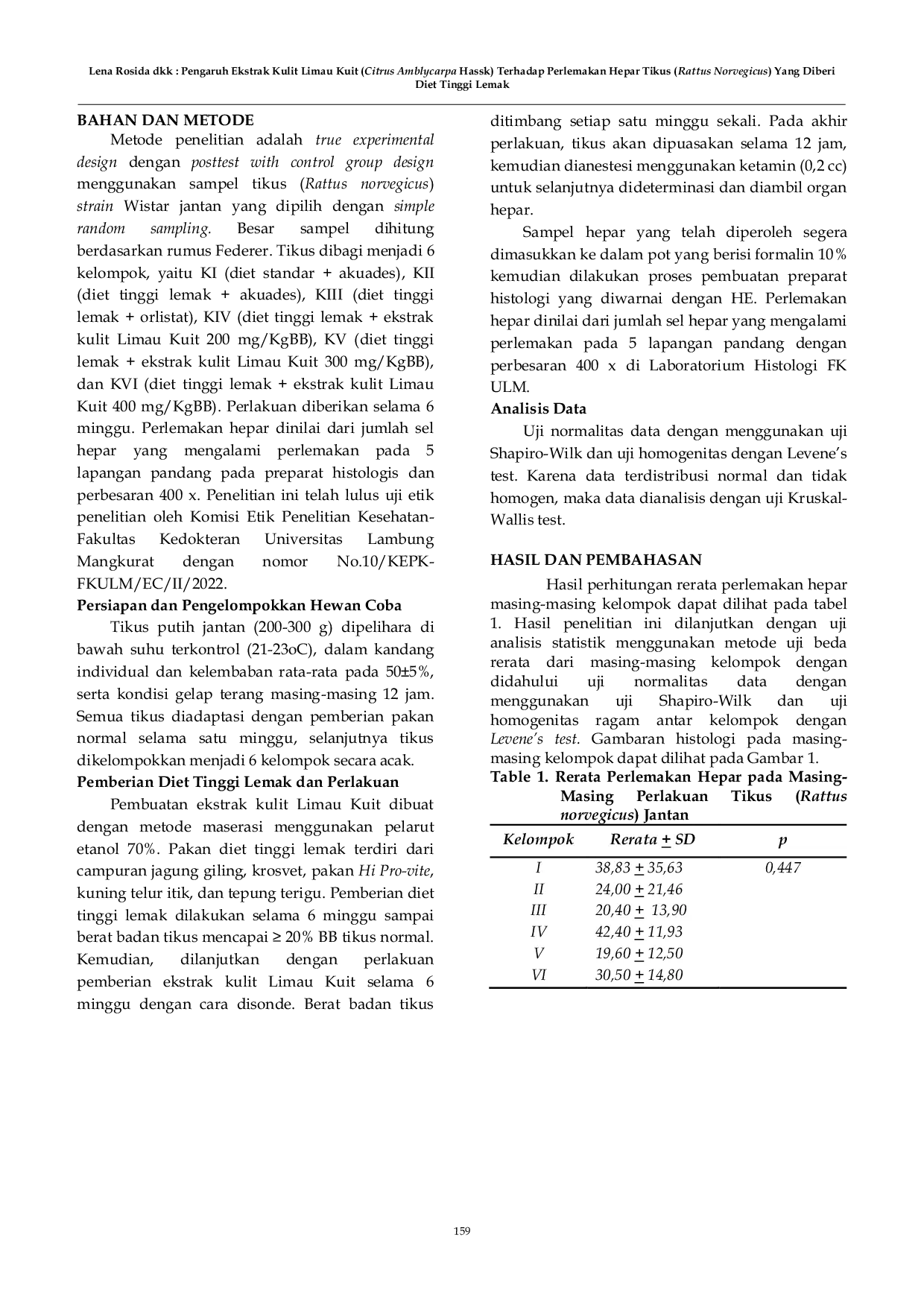 JURIS Pengaruh Ekstrak Kulit Limau Kuit Citrus Amblycarpa Hassk Terhadap Perlemakan Hepar Tikus Rattus Norvegicus Yang Diberi Diet Tinggi Lemak