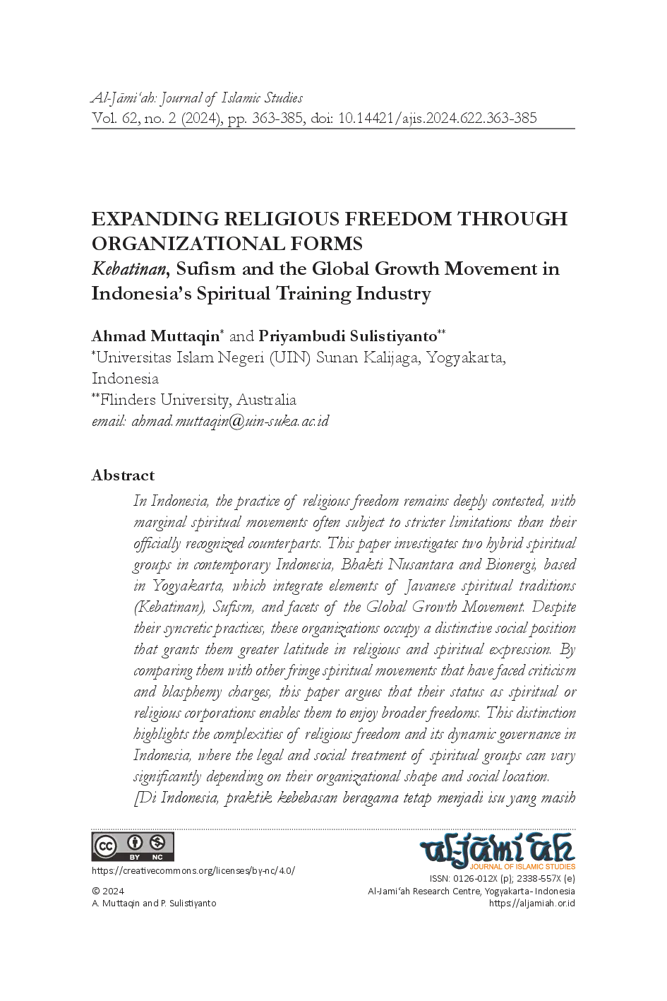 juris Expanding Religious Freedom Through Organizational Forms Kebatinan Sufism and The Global Growth Movement in Indonesia s Spiritual Training Industry