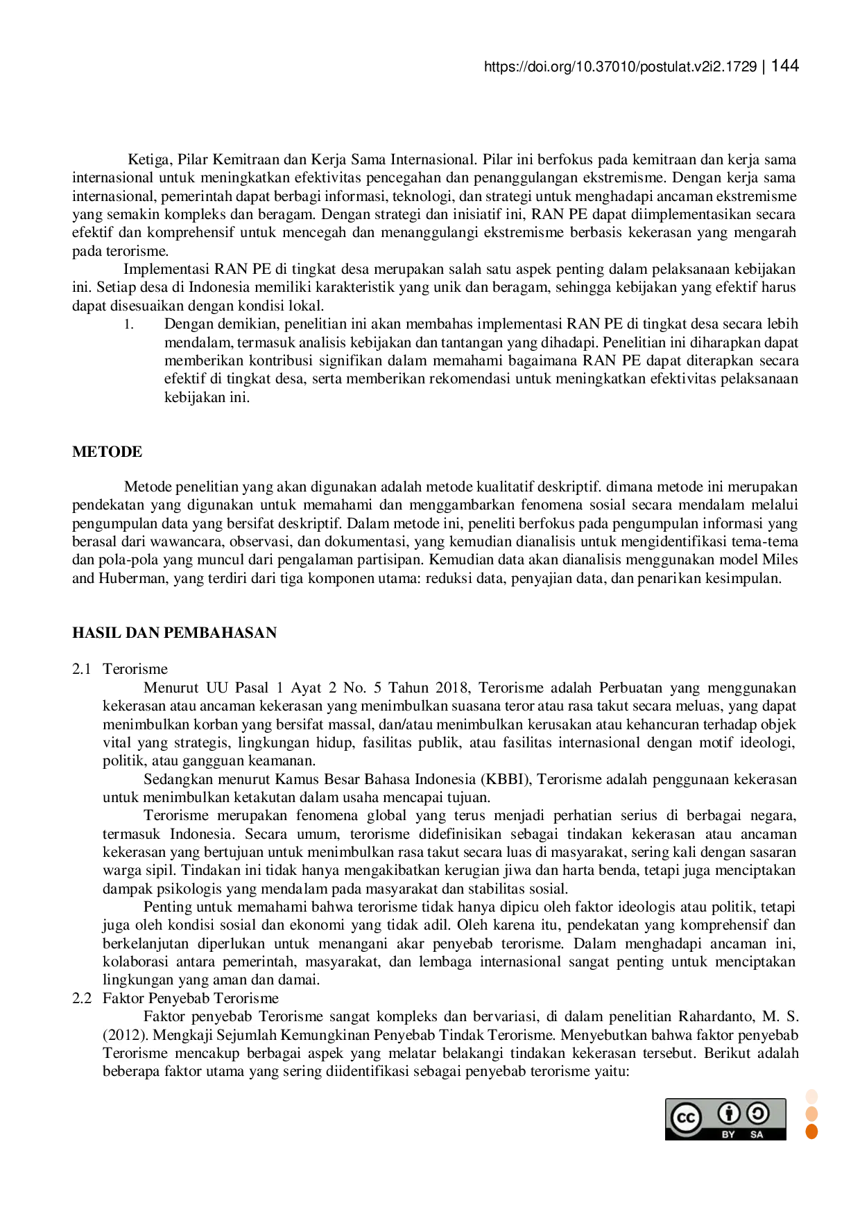 JURIS Implementation of Presidential Regulation No 7 of 2021 on the National Action Plan for the Prevention and Countering of Violence Based Extremism Leading to Terrorism RAN PE at the Village Level Po