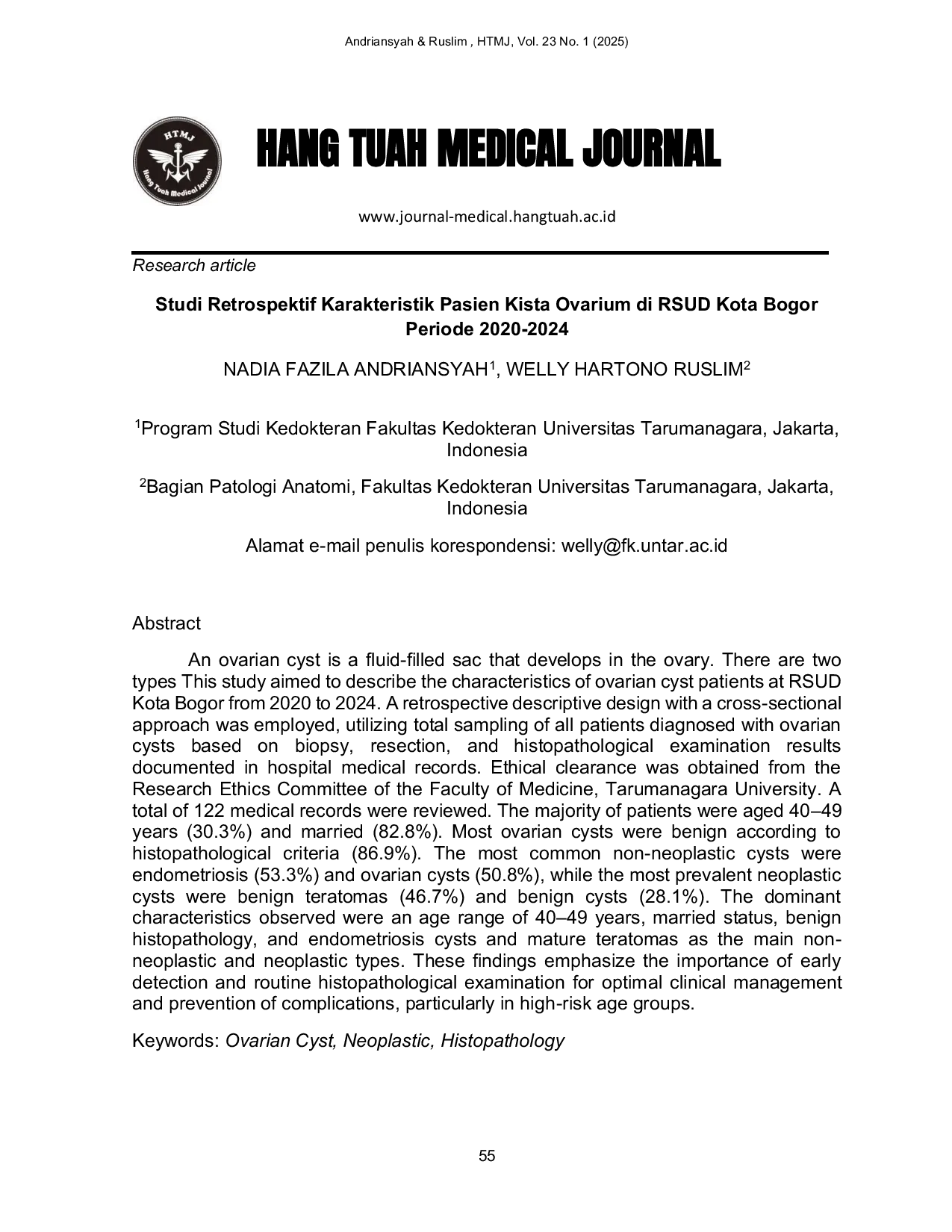 JURIS Studi Retrospektif Karakteristik Pasien Kista Ovarium di RSUD Kota Bogor Periode 2020 2024