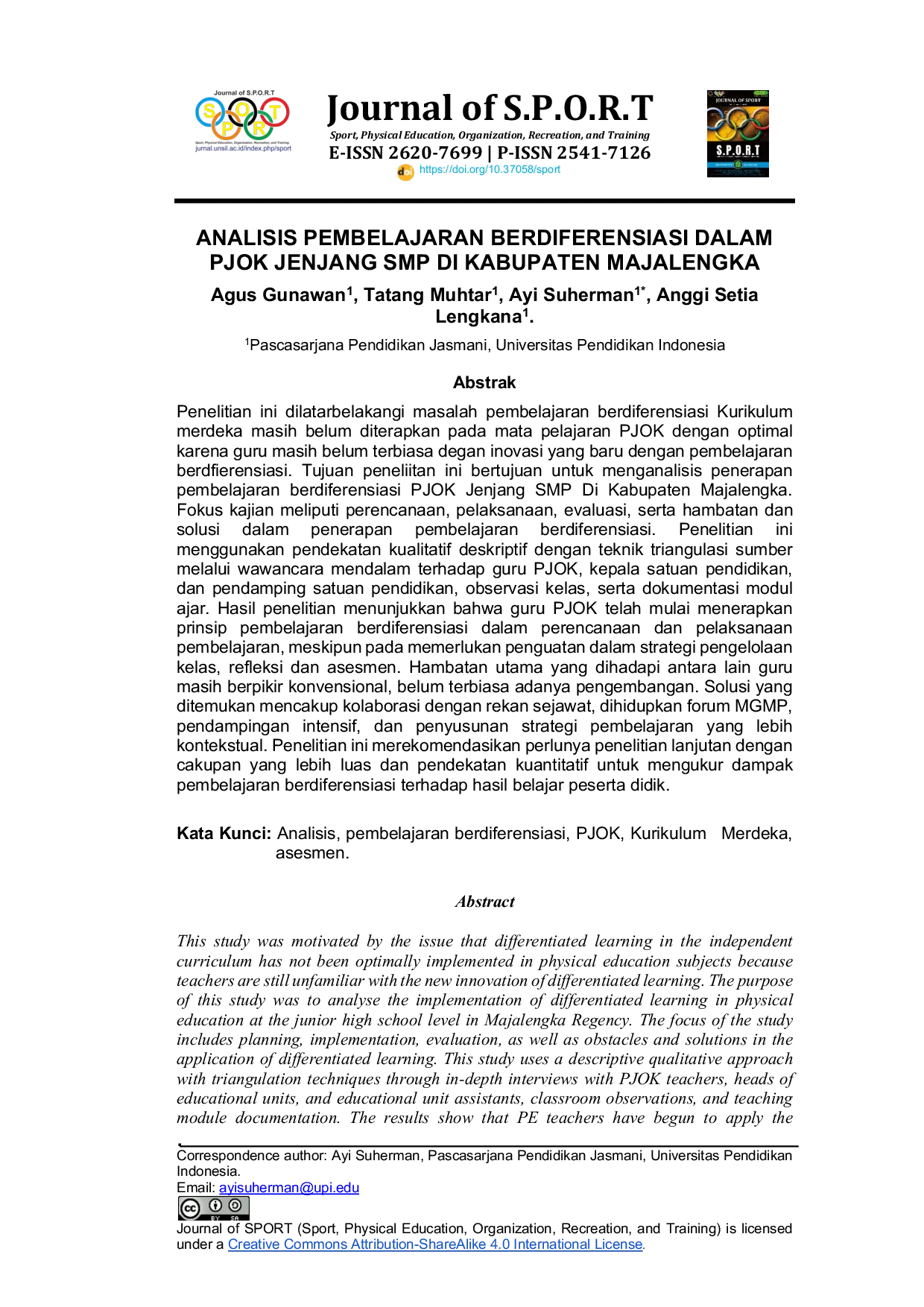 JURIS Analisis Pembelajaran Berdiferensiasi Dalam Pjok Jenjang Smp Di Kabupaten Majalengka