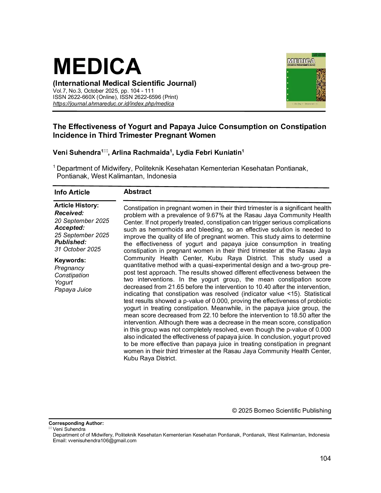 JURIS The Effectiveness of Yogurt and Papaya Juice Consumption on Constipation Incidence in Third Trimester Pregnant Women