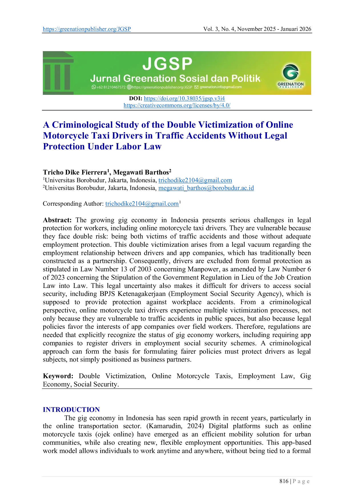 JURIS A Criminological Study of the Double Victimization of Online Motorcycle Taxi Drivers in Traffic Accidents Without Legal Protection Under Labor Law