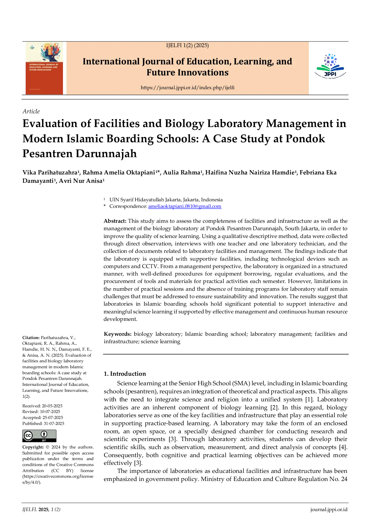 JURIS Evaluation of Facilities and Biology Laboratory Management in Modern Islamic Boarding Schools A Case Study at Pondok Pesantren Darunnajah