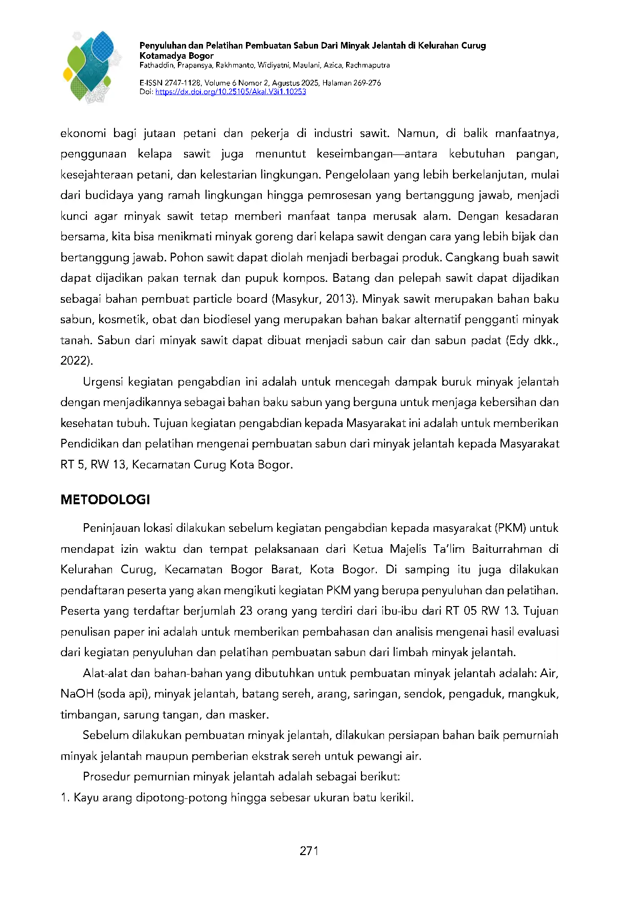 JURIS Penyuluhan dan Pelatihan Pembuatan Sabun dari Minyak Jelantah di Kelurahan Curug Kotamadya Bogor