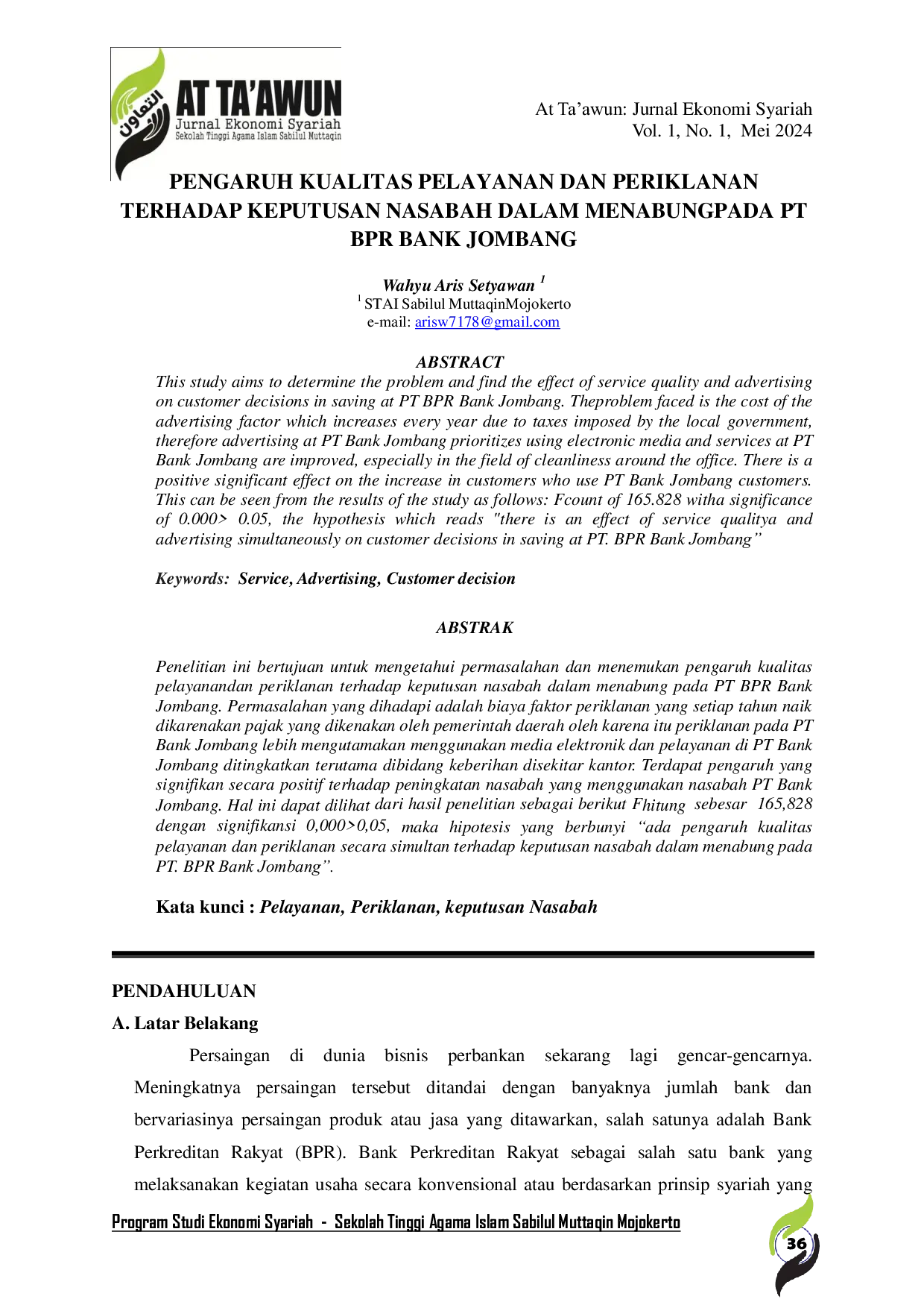 JURIS Pengaruh Kualitas Pelayanan Dan Periklanan Terhadap Keputusan Nasabah Dalam Menabung Pada Pt Bpr Bank Jombang