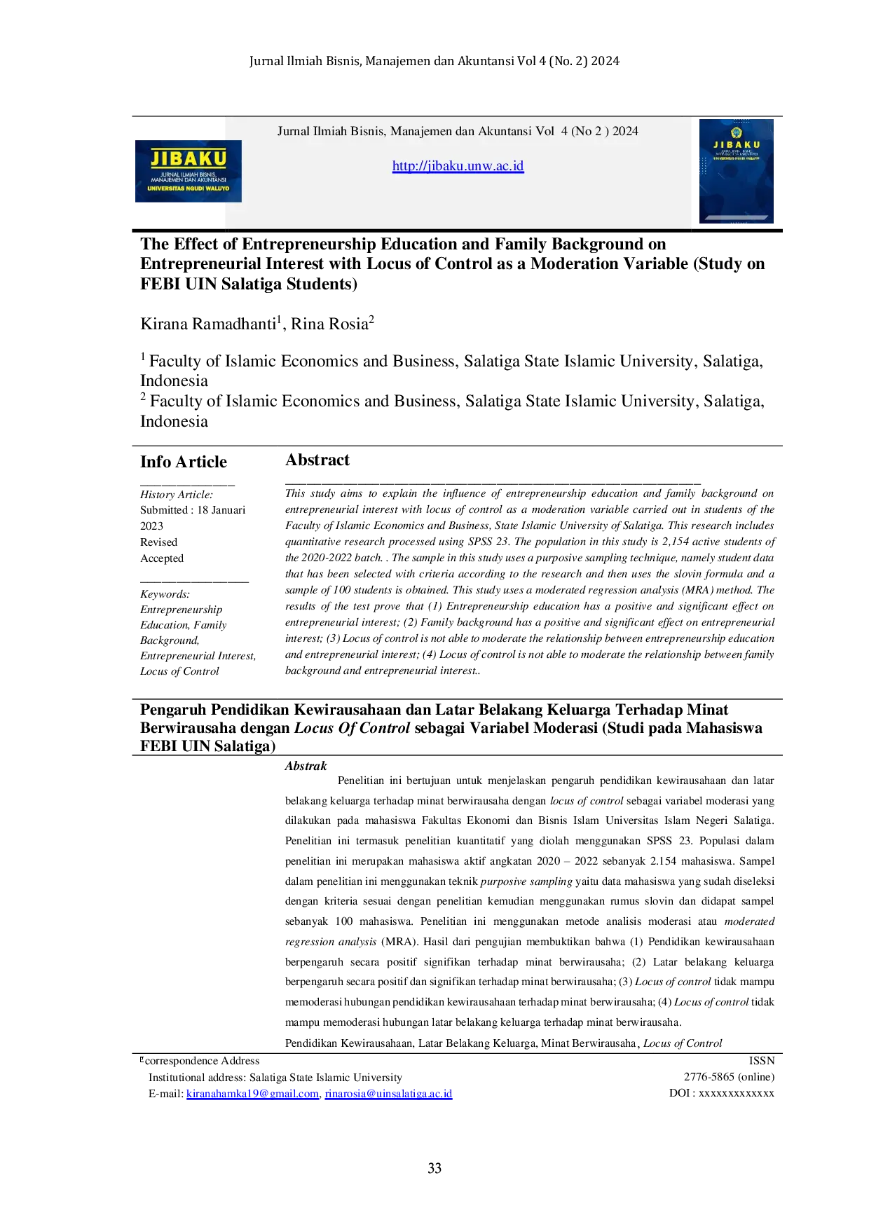 JURIS Pengaruh Pendidikan Kewirausahaan dan Latar Belakang Keluarga terhadap Minat Berwirausaha dengan Locus Of Control Sebagai Variabel Moderasi Studi pada Mahasiswa FEBI UIN Salatiga