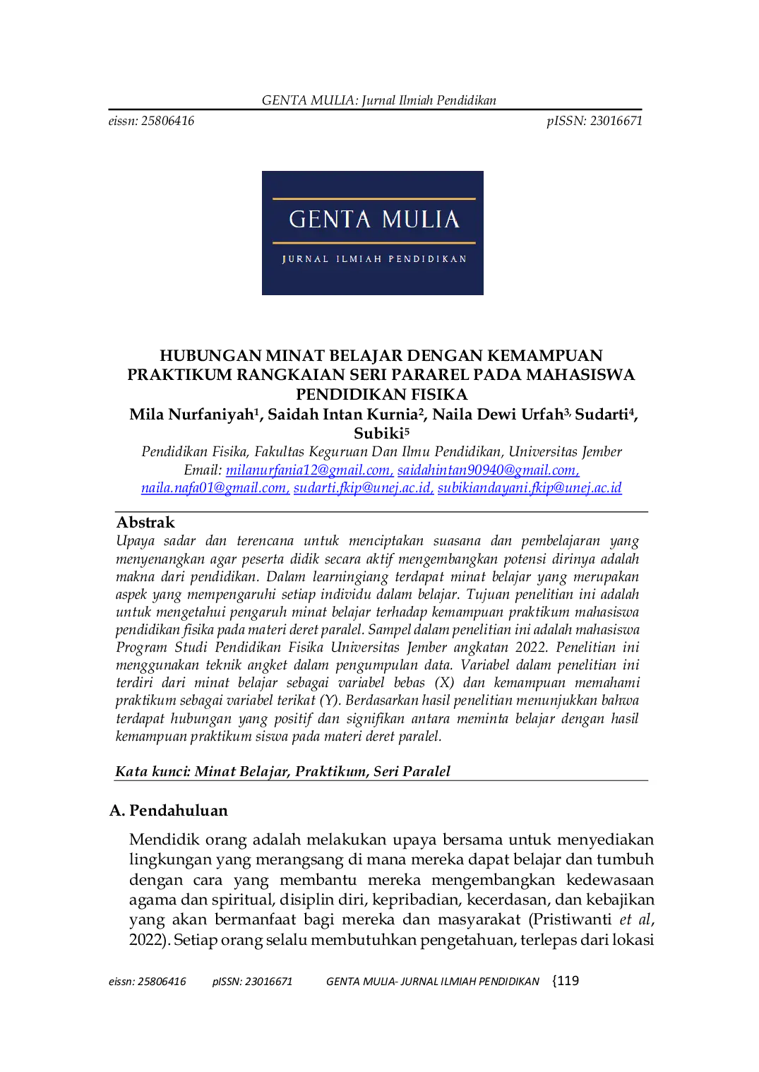 JURIS Hubungan Minat Belajar dengan Kemampuan Praktikum Rangkaian Seri Paralel pada Mahasiswa Pendidikan Fisika