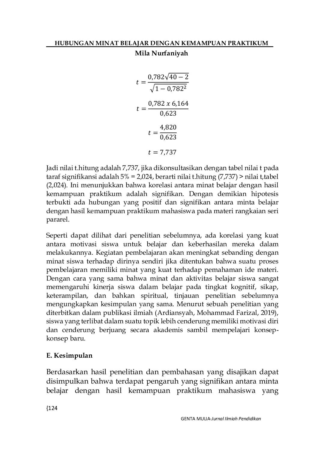 JURIS Hubungan Minat Belajar dengan Kemampuan Praktikum Rangkaian Seri Paralel pada Mahasiswa Pendidikan Fisika