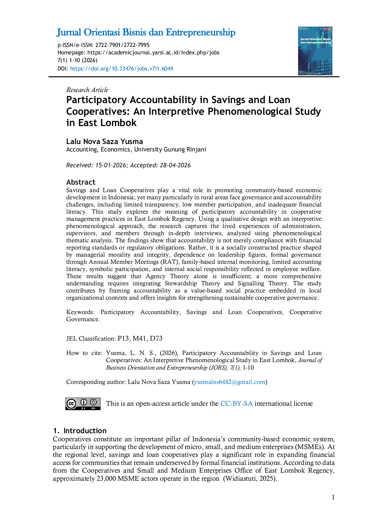 JURIS Participatory Accountability in Savings and Loan Cooperatives An Interpretive Phenomenological Study in East Lombok