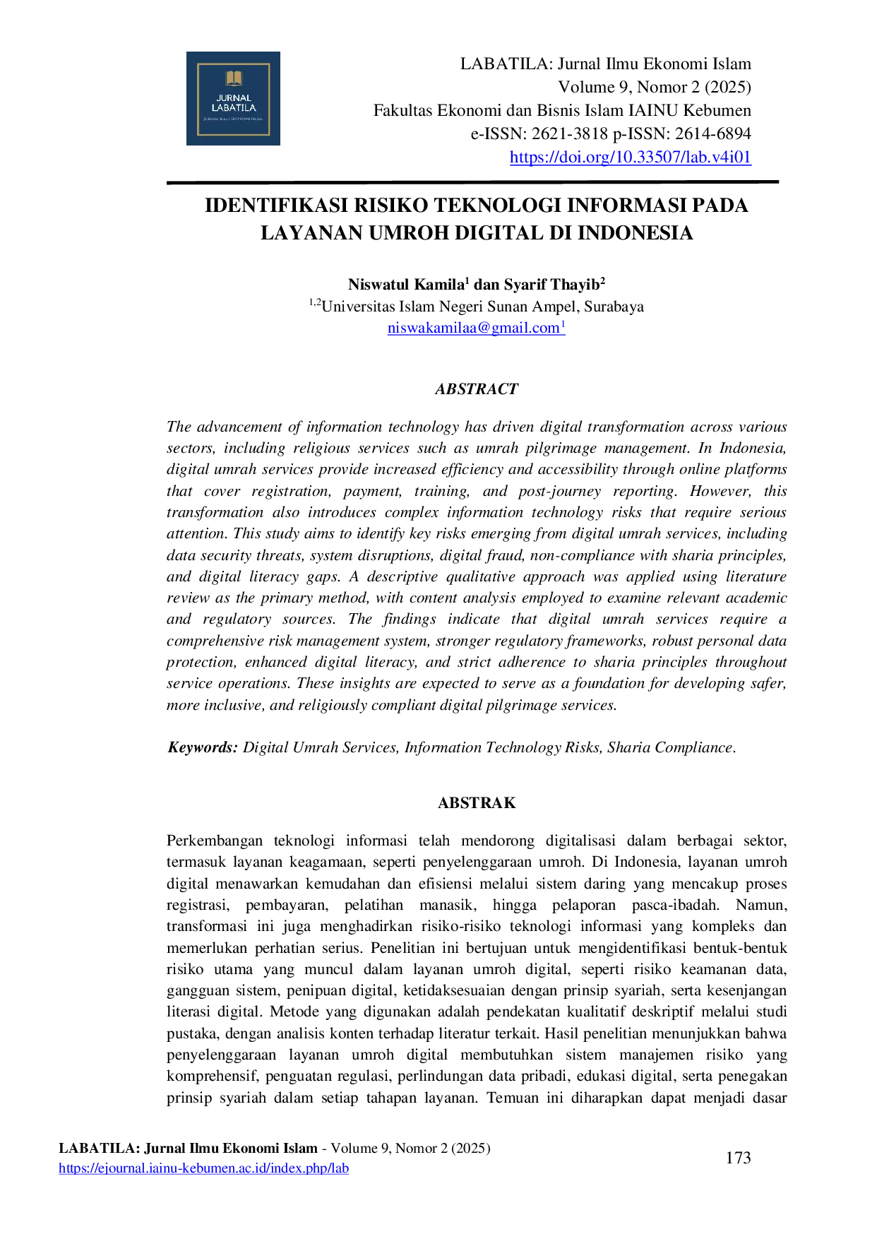 JURIS Identification of Information Technology Risks in Digital Umrah Services in Indonesia