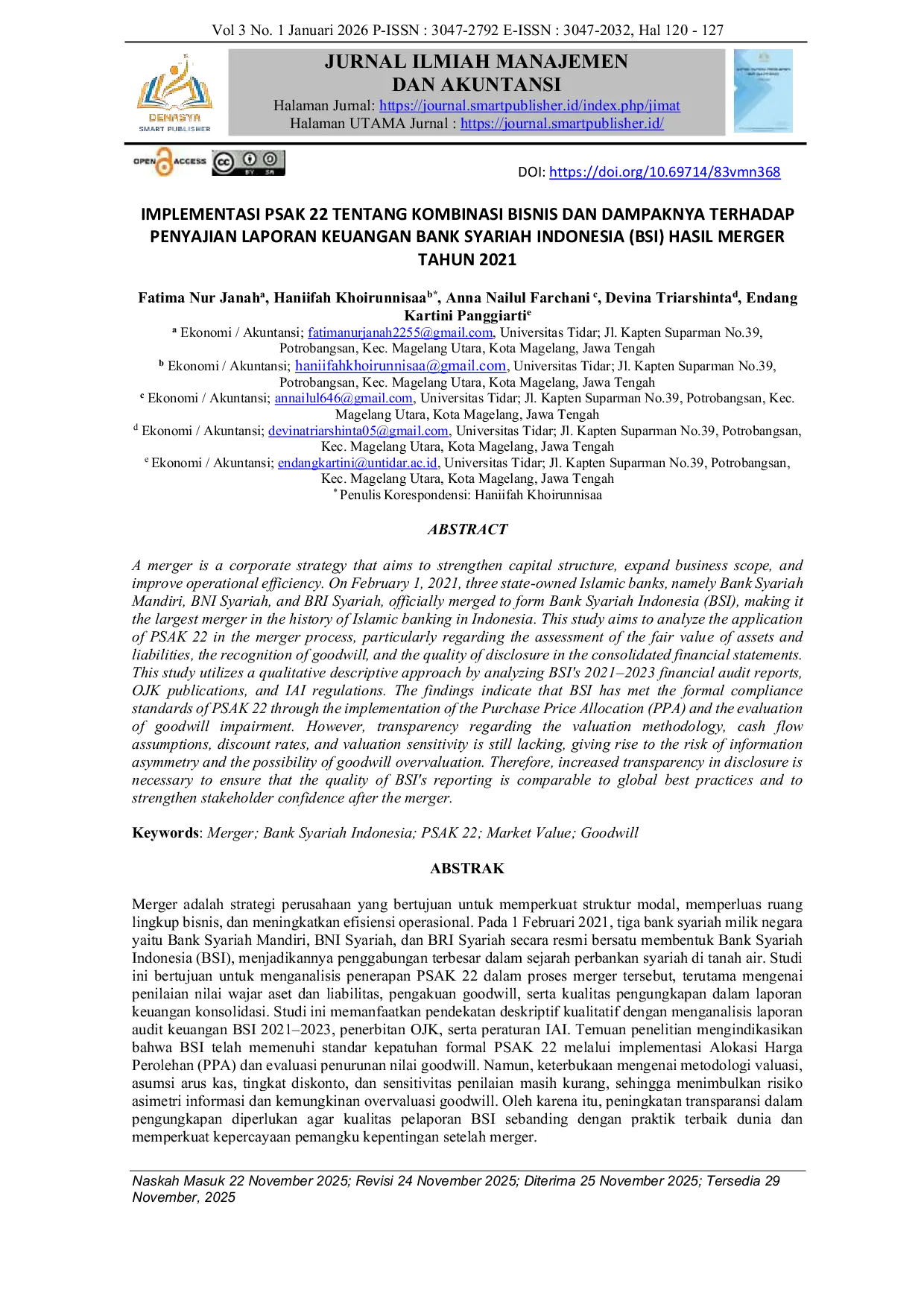 JURIS Implementasi PSAK 22 Tentang Kombinasi Bisnis dan Dampaknya Terhadap Penyajian Laporan Keuangan Bank Syariah Indonesia BSI Hasil Merger Tahun 2021