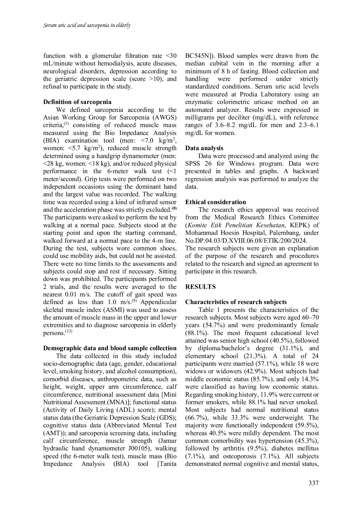 JURIS Higher uric acid serum levels are associated with sarcopenia among elderly in a community health center