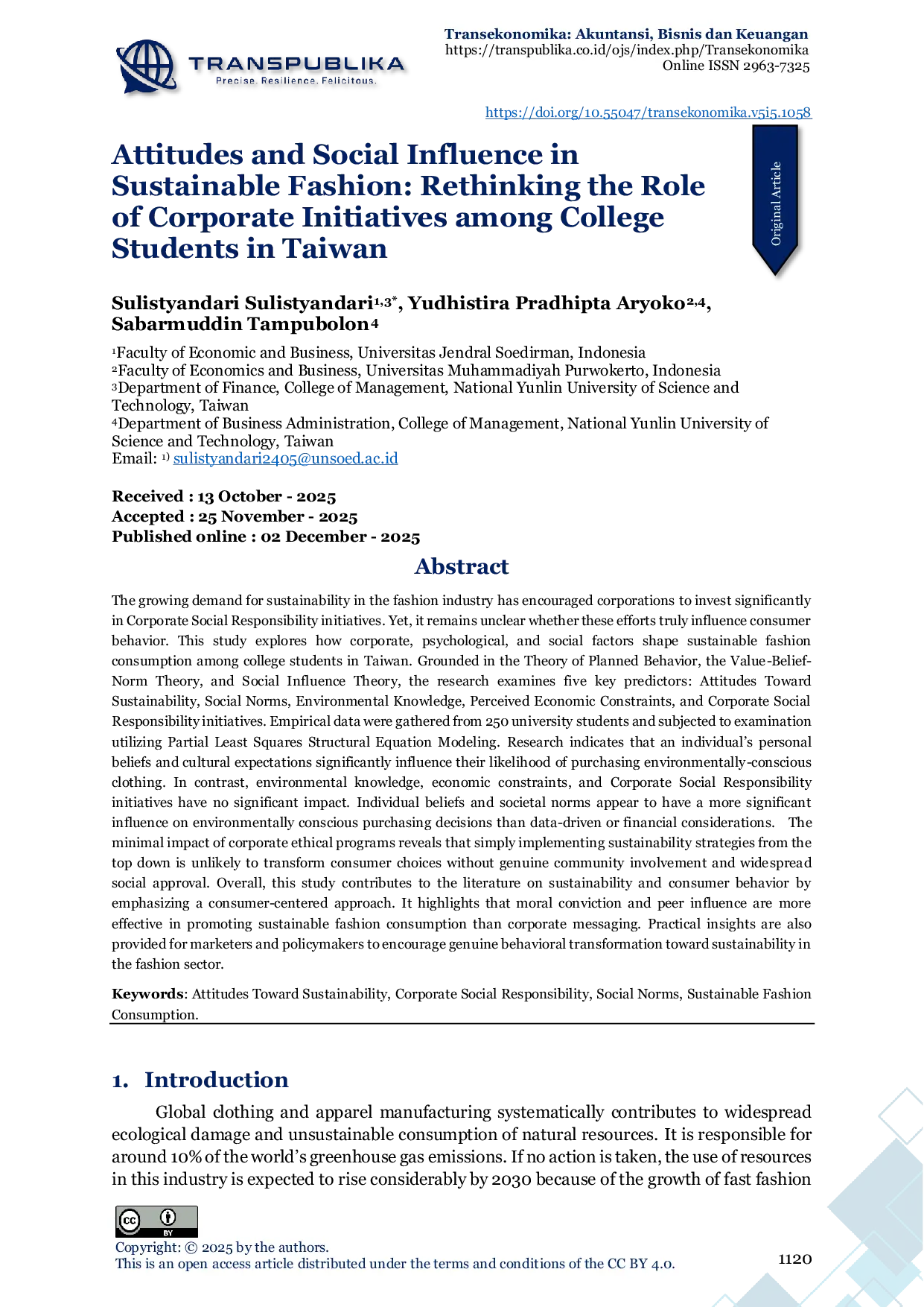 JURIS Attitudes and Social Influence in Sustainable Fashion Rethinking the Role of Corporate Initiatives among College Students in Taiwan