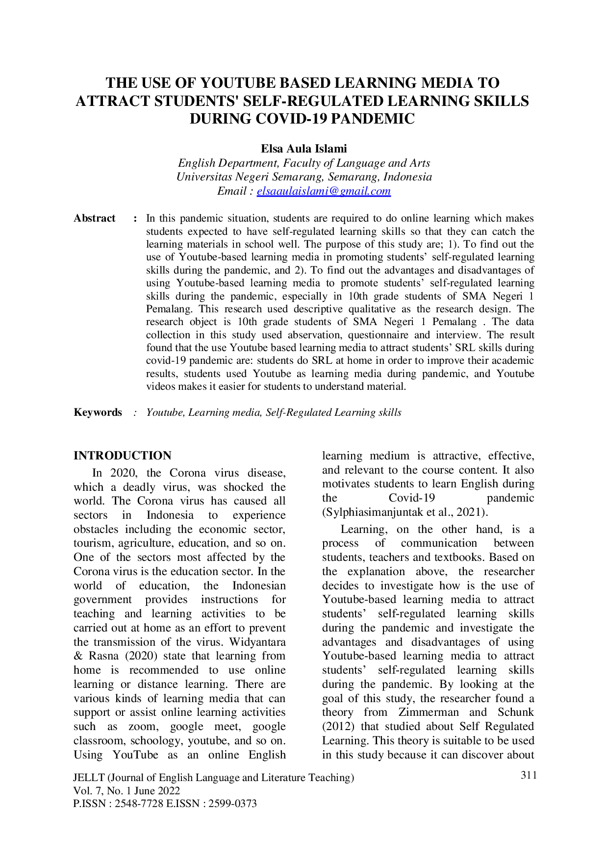 JURIS The Use of YouTube Based Learning Media to Attract Students Self Regulated Learning Skills During COVID 19 Pandemic