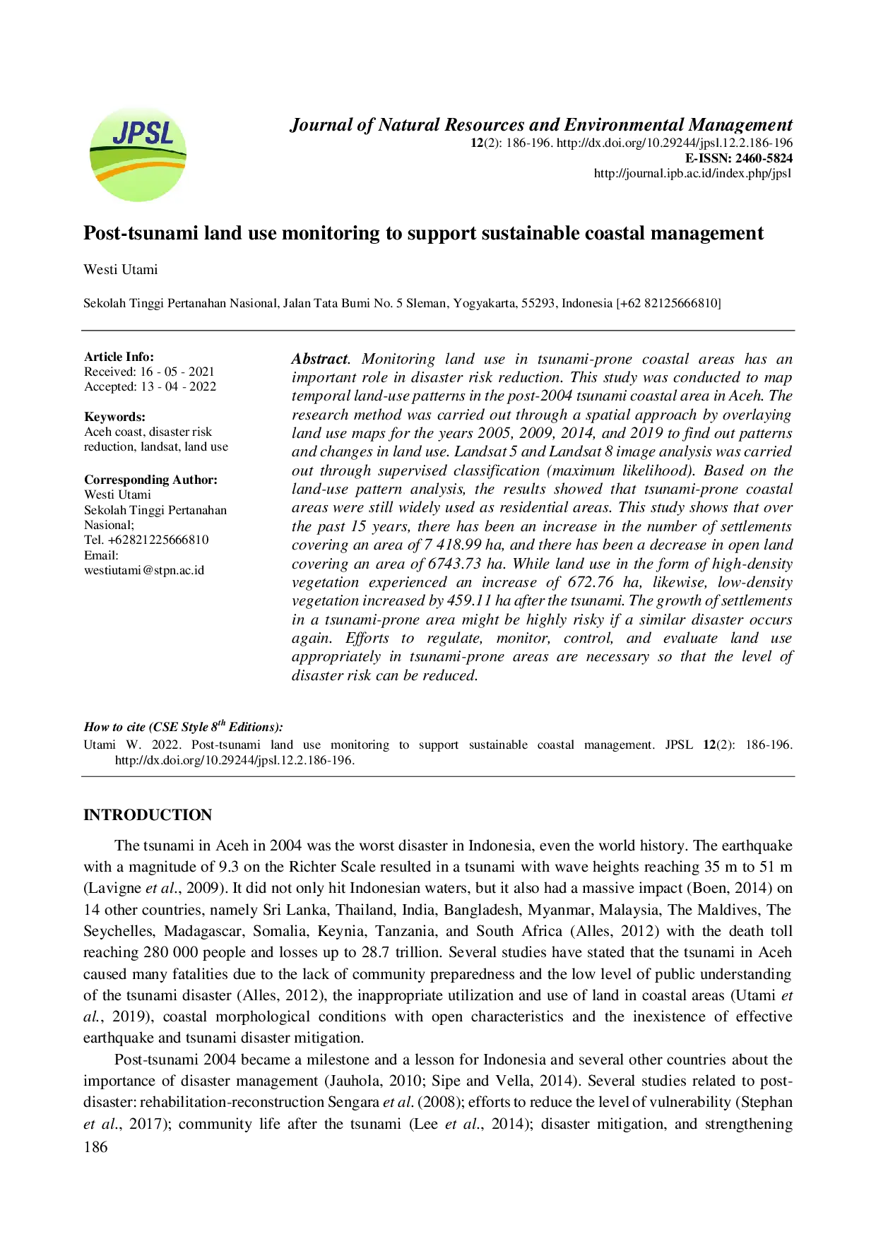 juris Post Tsunami Land Use Monitoring To Support Sustainable Coastal Management