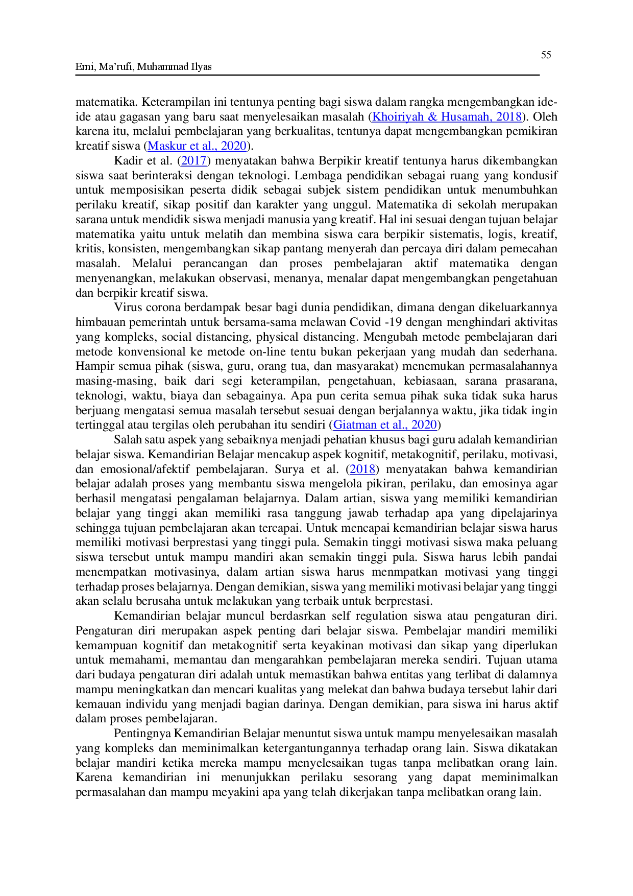 juris Pengaruh Kemadirian Belajar Terhadap Kemampuan Berpikir Kreatif Matematika Siswa