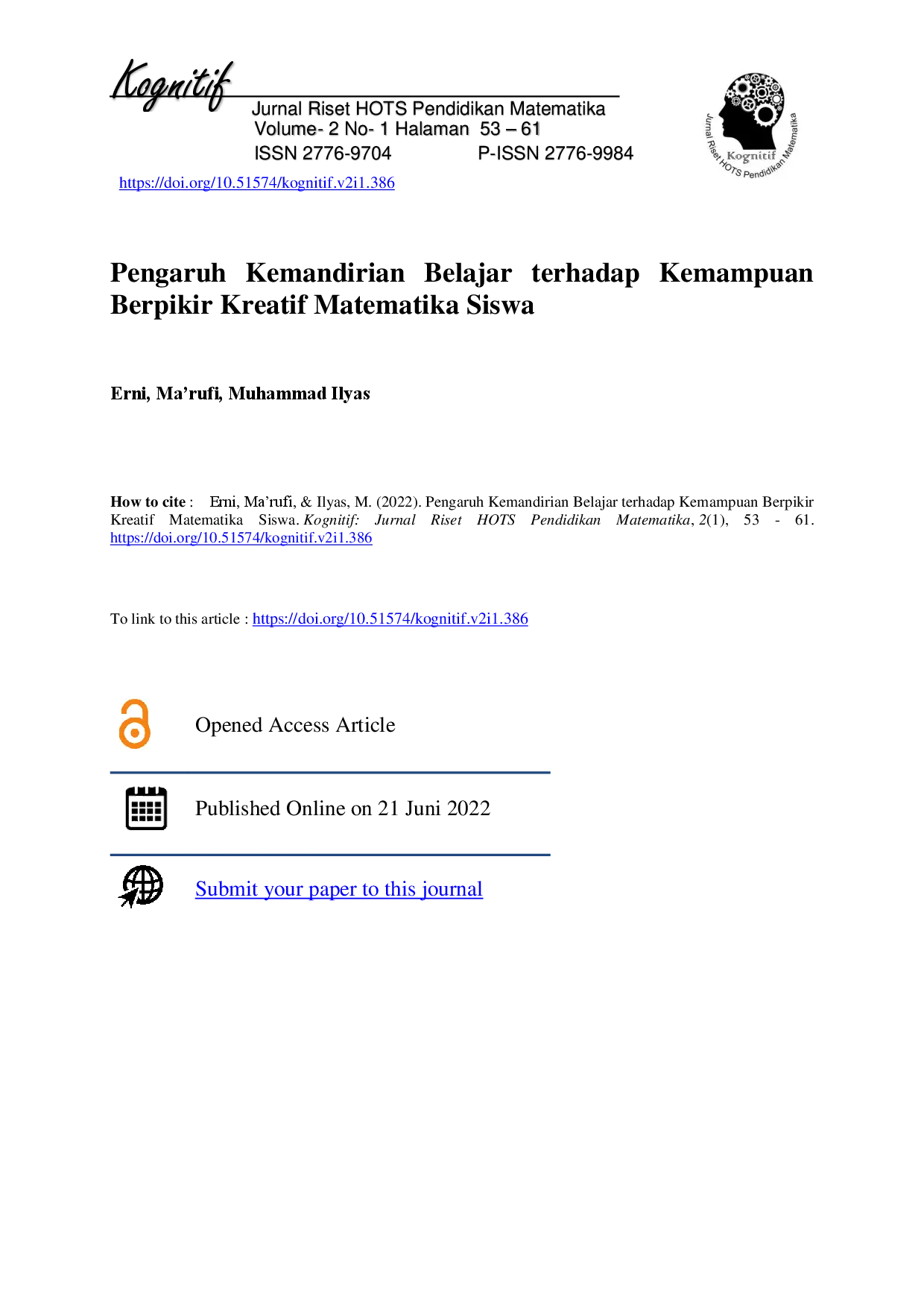 juris Pengaruh Kemadirian Belajar Terhadap Kemampuan Berpikir Kreatif Matematika Siswa