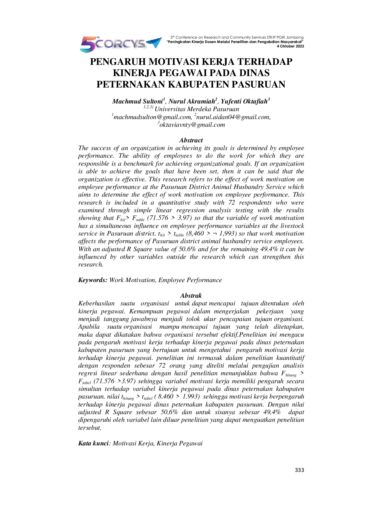 JURIS Pengaruh Motivasi Kerja Terhadap Kinerja Pegawai Pada Dinas Peternakan Kabupaten Pasuruan