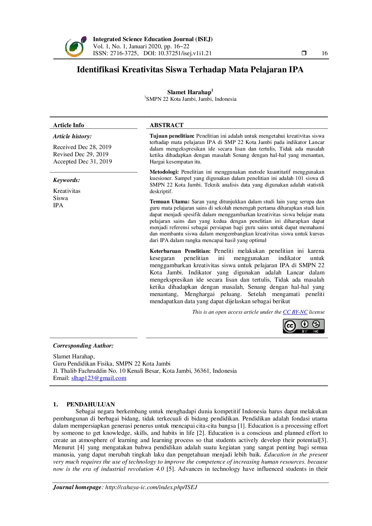 juris Identifikasi Kreativitas Siswa Terhadap Mata Pelajaran IPA