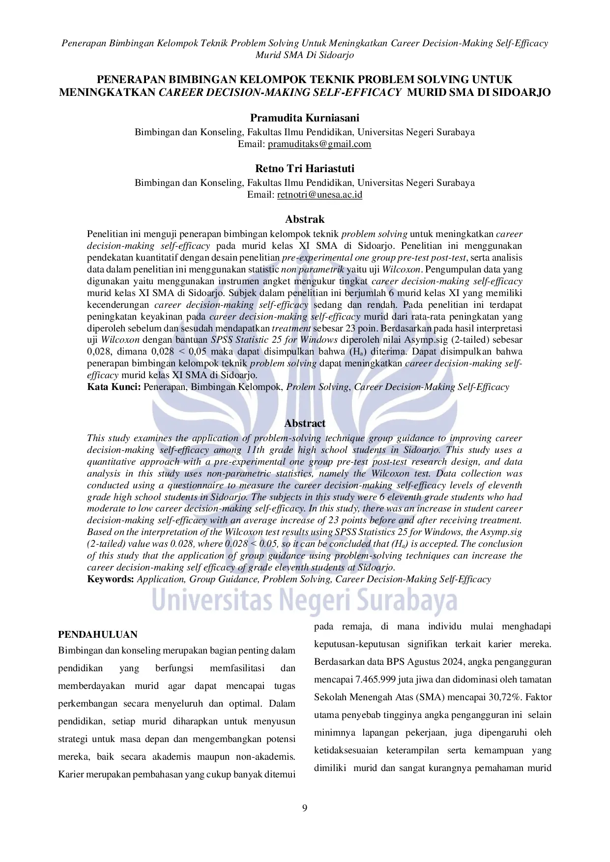 JURIS Penerapan Bimbingan Kelompok Teknik Problem Solving Untuk Meningkatkan Career Decision Making Self Efficacy Murid SMA Di Sidoarjo