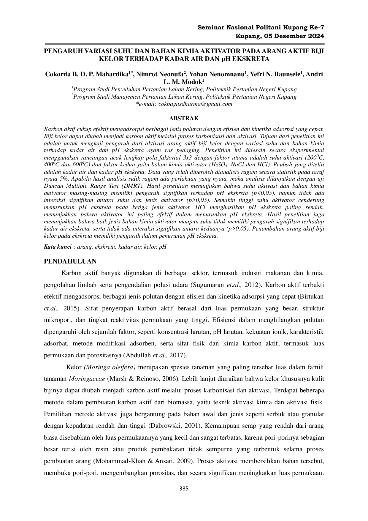 JURIS PENGARUH VARIASI SUHU DAN BAHAN KIMIA AKTIVATOR PADA ARANG AKTIF BIJI KELOR TERHADAP KADAR AIR DAN pH EKSKRETA