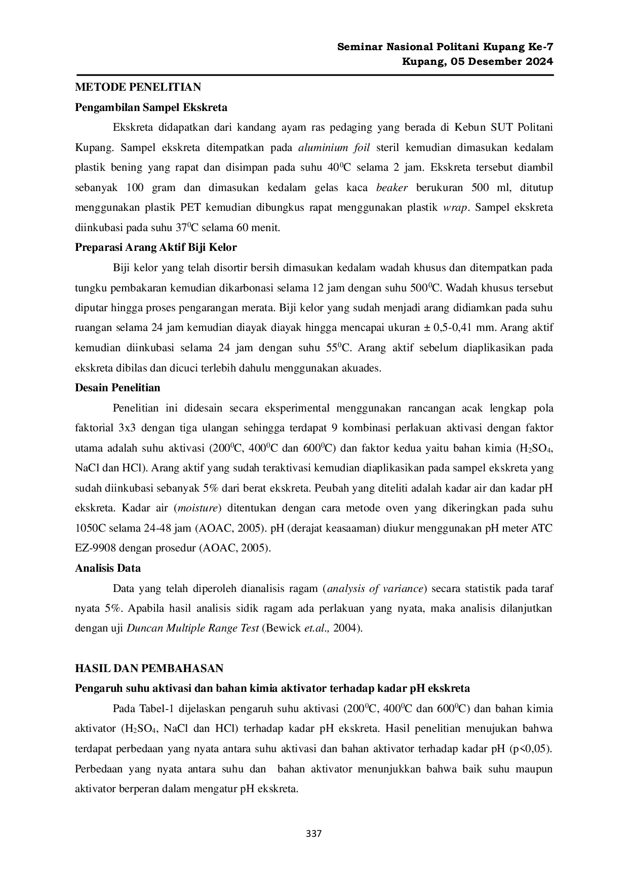 JURIS PENGARUH VARIASI SUHU DAN BAHAN KIMIA AKTIVATOR PADA ARANG AKTIF BIJI KELOR TERHADAP KADAR AIR DAN pH EKSKRETA