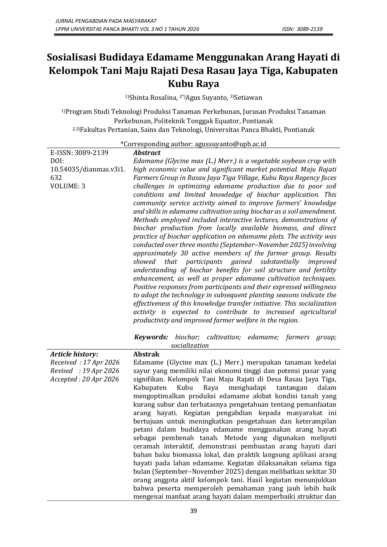 JURIS Sosialisasi Budidaya Edamame Menggunakan Arang Hayati di Kelompok Tani Maju Rajati Desa Rasau Jaya Tiga Kabupaten Kubu Raya