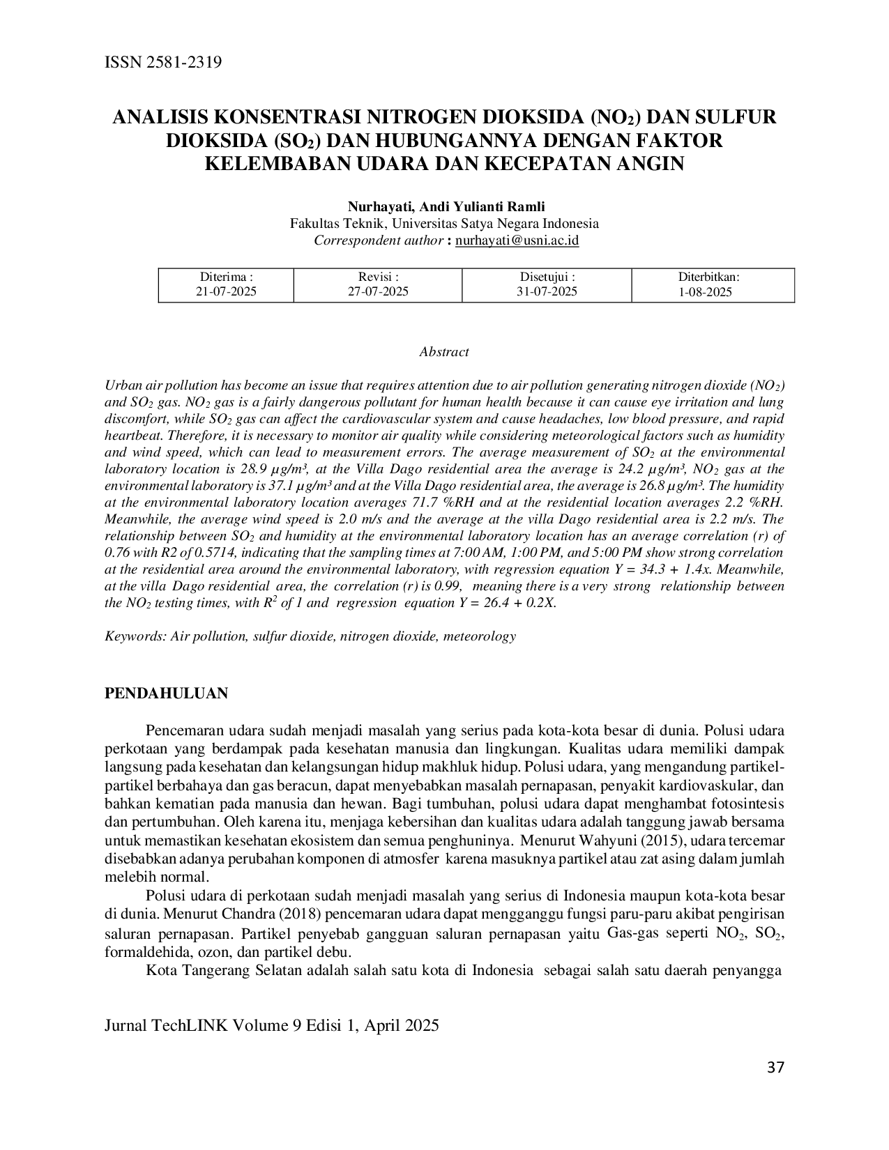 JURIS Analisis Konsentrasi Nitrogen Dioksida No2 Dan Sulfur Dioksida So2 Dan Hubungannya Dengan Faktor Kelembaban Udara Dan Kecepatan Angin
