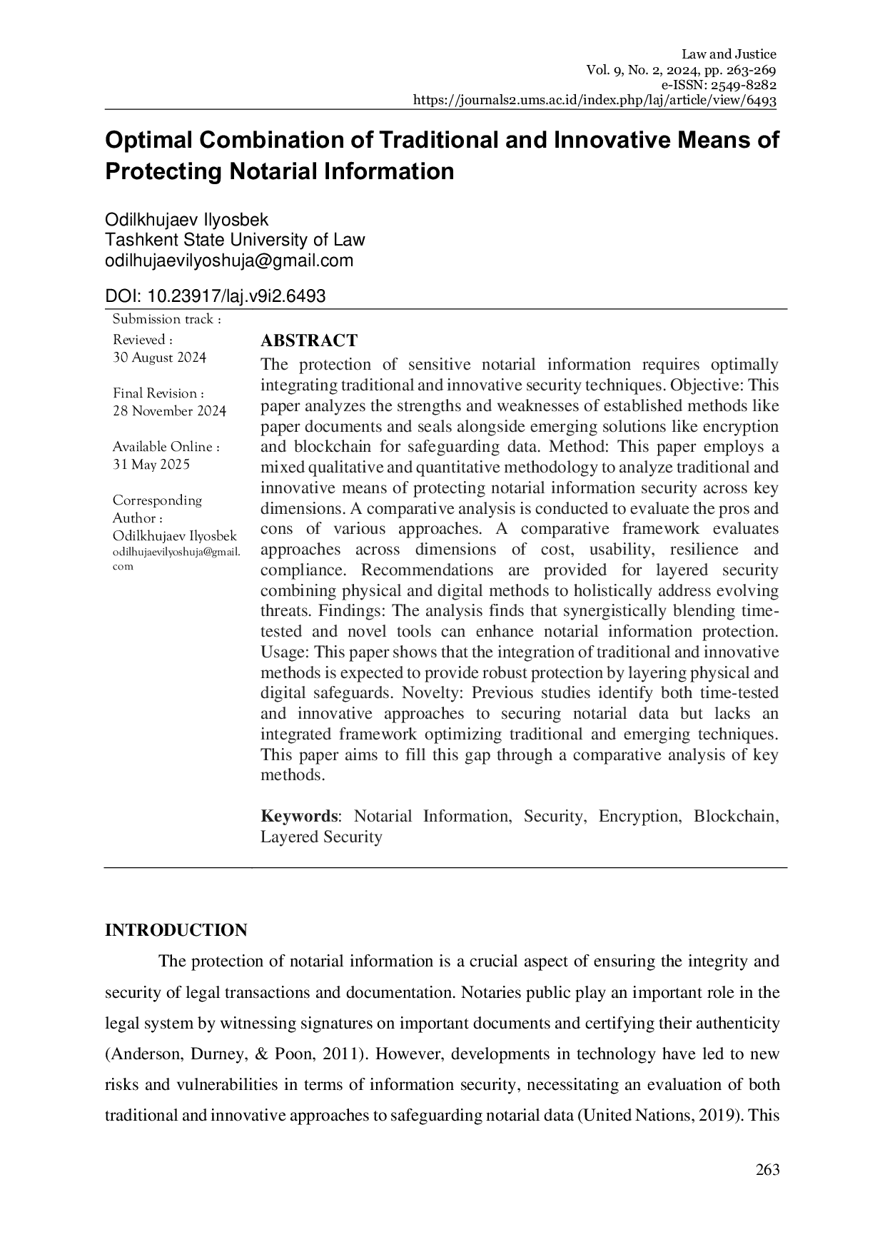 JURIS Optimal Combination of Traditional and Innovative Means of Protecting Notarial Information
