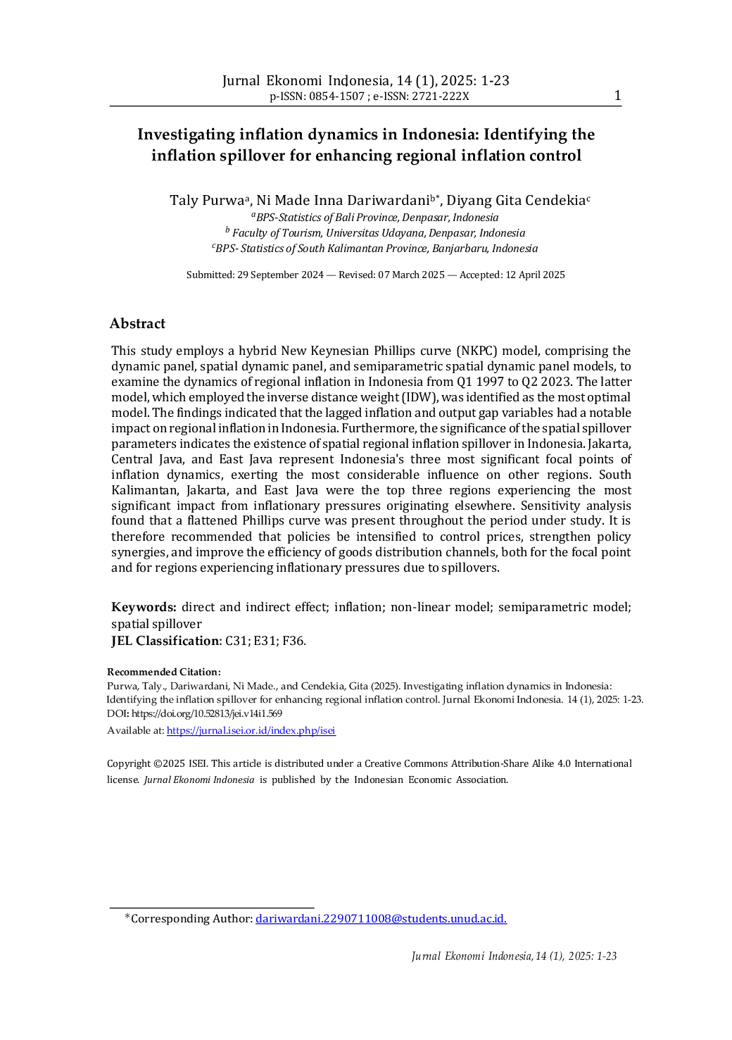 JURIS Investigating inflation dynamics in Indonesia Identifying the inflation spillover for enhancing regional inflation control