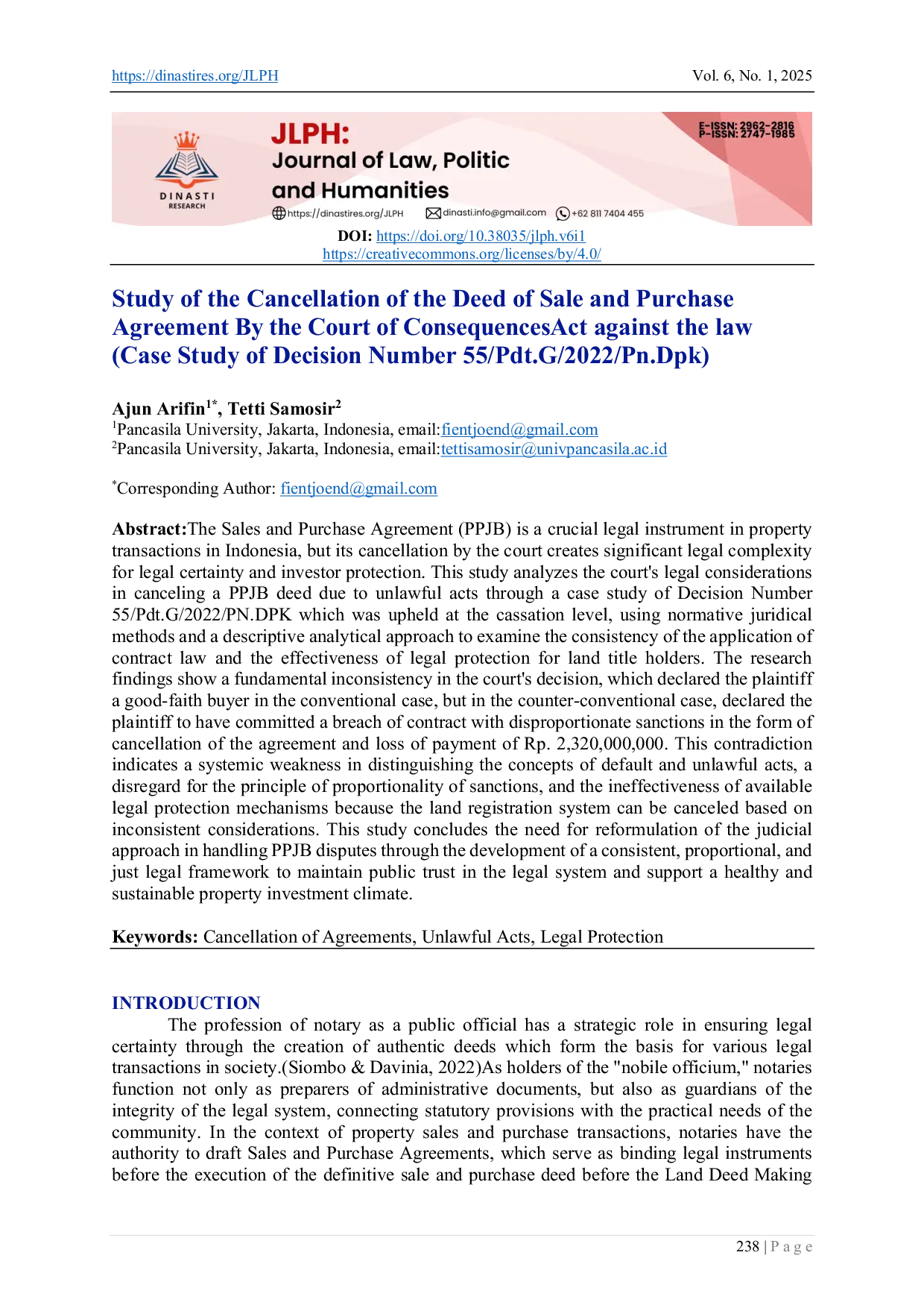 JURIS Study of the Cancellation of the Deed of Sale and Purchase Agreement By the Court of ConsequencesAct against the law Case Study of Decision Number 55 Pdt G 2022 Pn Dpk
