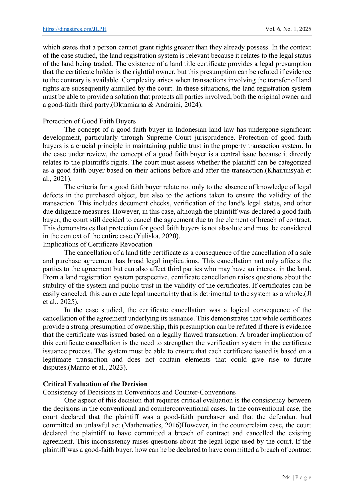 JURIS Study of the Cancellation of the Deed of Sale and Purchase Agreement By the Court of ConsequencesAct against the law Case Study of Decision Number 55 Pdt G 2022 Pn Dpk