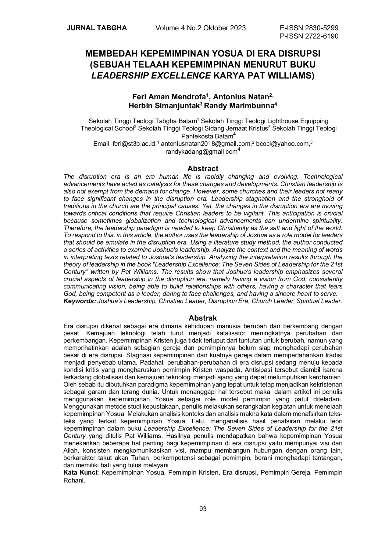 JURIS Membedah Kepemimpinan Yosua di Era Disrupsi Sebuah Telaah Kepemimpinan Menurut Buku Leadership Excellence Karya Pat Williams