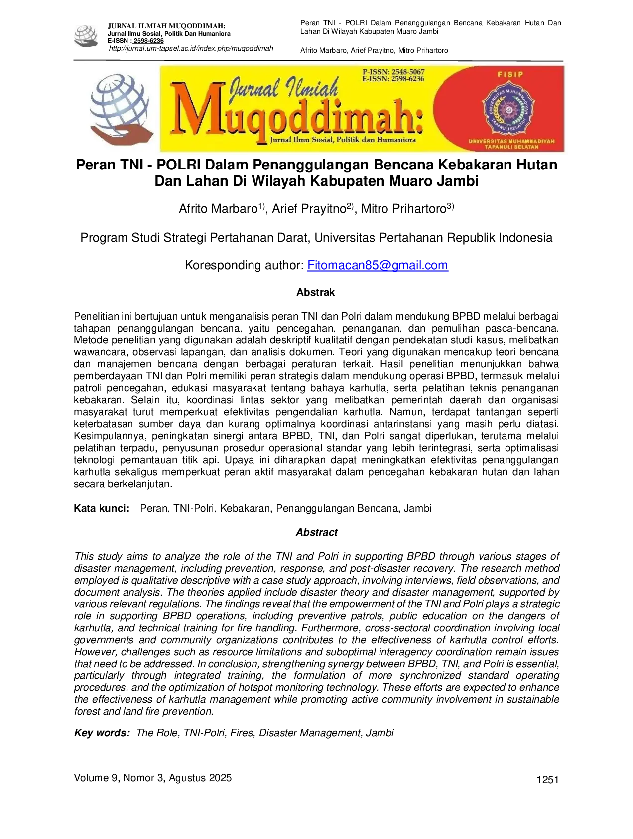 JURIS Peran TNI POLRI Dalam Penanggulangan Bencana Kebakaran Hutan Dan Lahan Di Wilayah Kabupaten Muaro Jambi