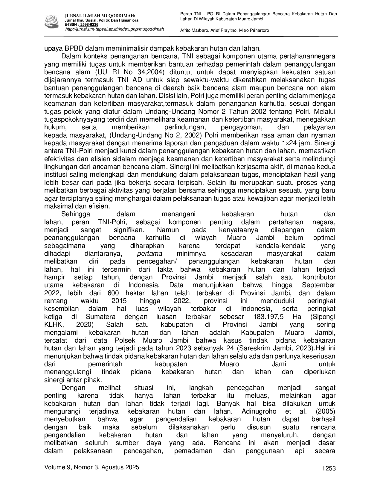 JURIS Peran TNI POLRI Dalam Penanggulangan Bencana Kebakaran Hutan Dan Lahan Di Wilayah Kabupaten Muaro Jambi