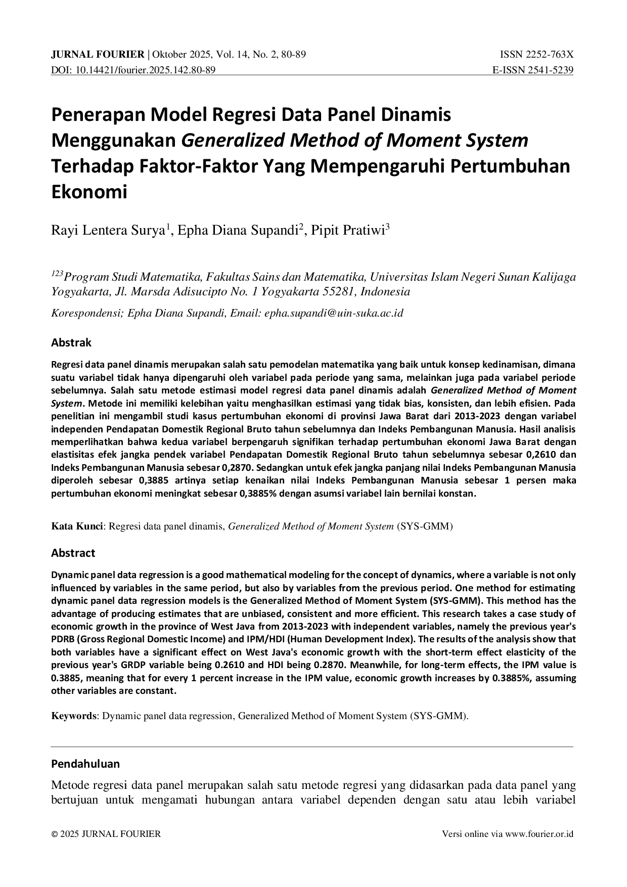 JURIS Penerapan Model Regresi Data Panel Dinamis Menggunakan Generalized Method of Moment System Terhadap Faktor Faktor Yang Mempengaruhi Pertumbuhan Ekonomi