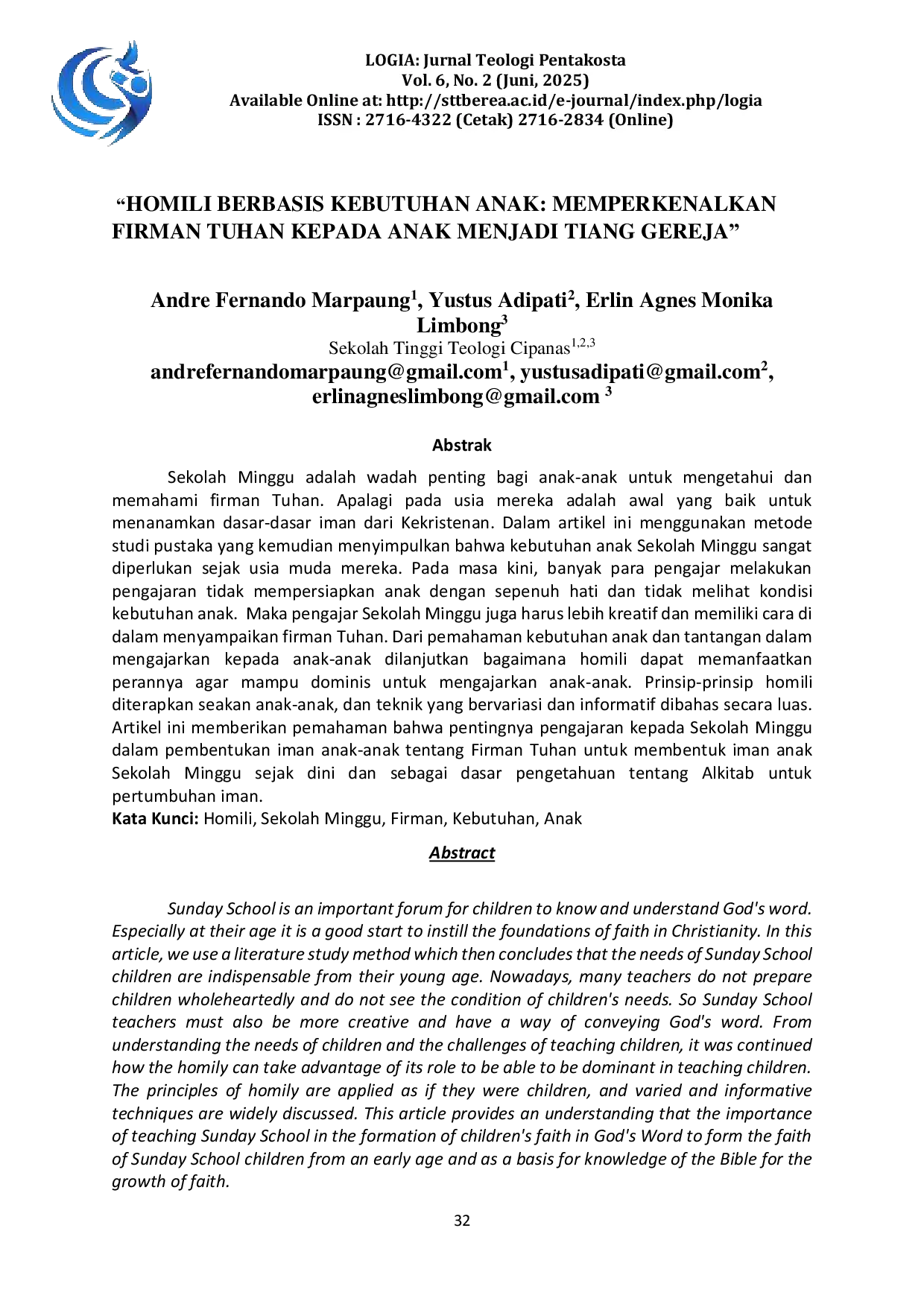 JURIS Homili Berbasis Kebutuhan Anak Memperkenalkan Firman Tuhan kepada Anak Menjadi Tiang Gereja