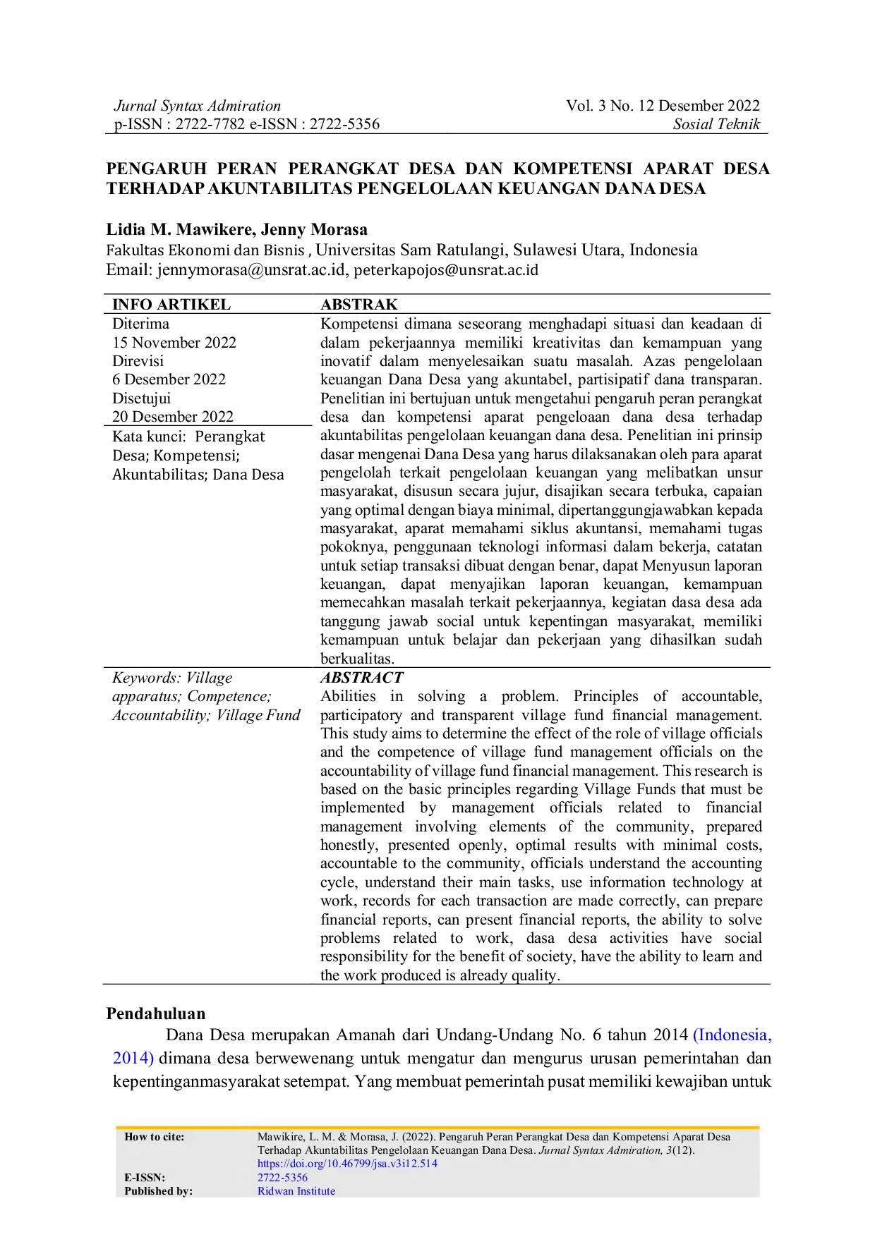JURIS Pengaruh Peran Perangkat Desa dan Kompetensi Aparat Pengelola Dana Desa Terhadap Akuntabilitas Pengelolaan Keuangan Dana Desa di Kecamatan Kawangkoan Barat