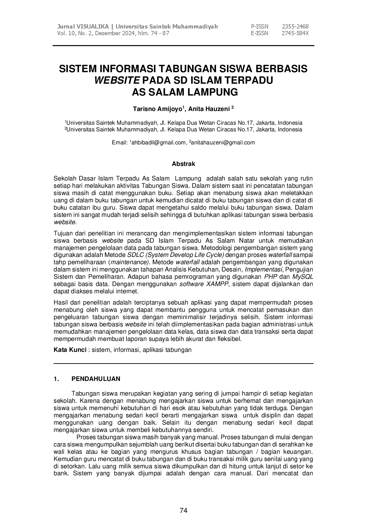 juris Sistem Informasi Tabungan Siswa Berbasis Website Pada SD Islam Terpadu As Salam Lampung
