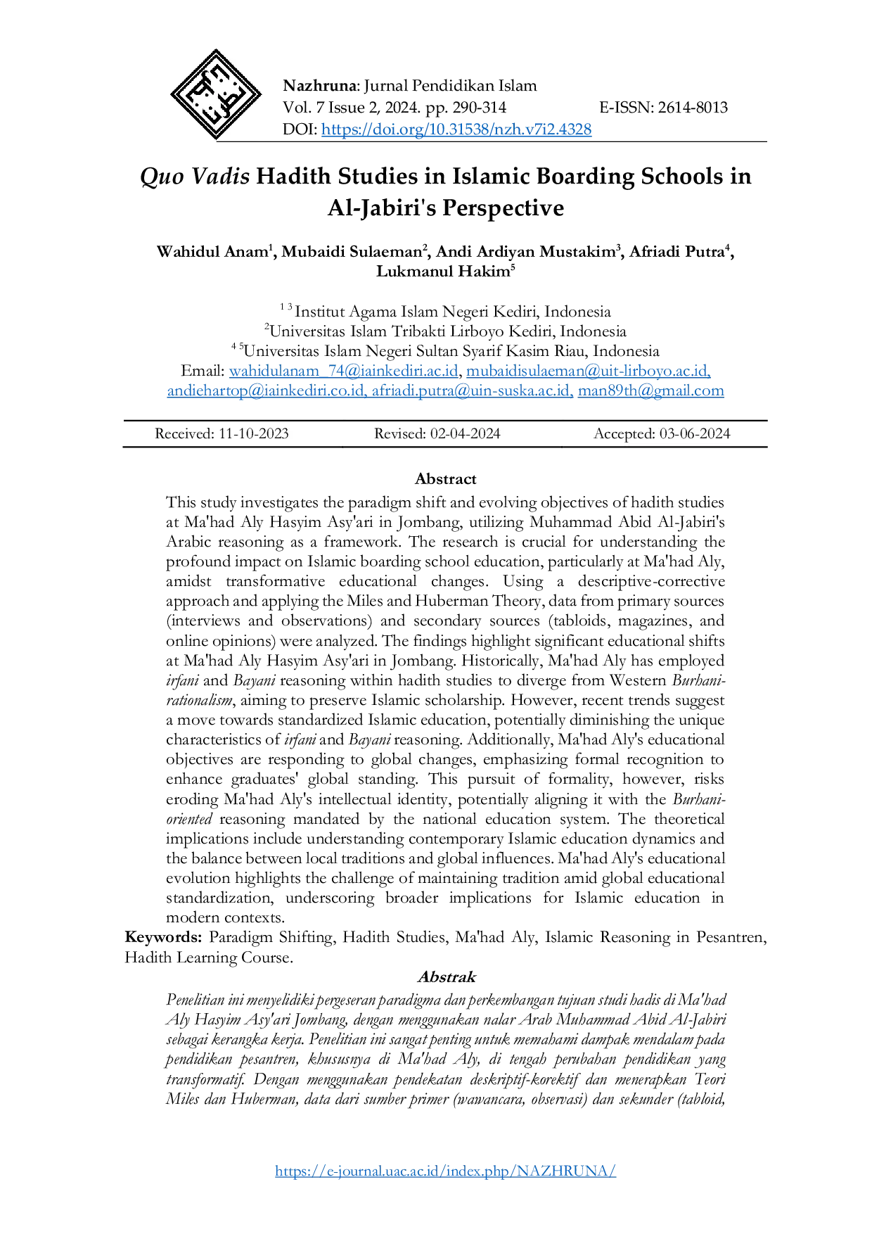 JURIS Quo Vadis Hadith Studies in Islamic Boarding Schools in Al Jabiri s Perspective