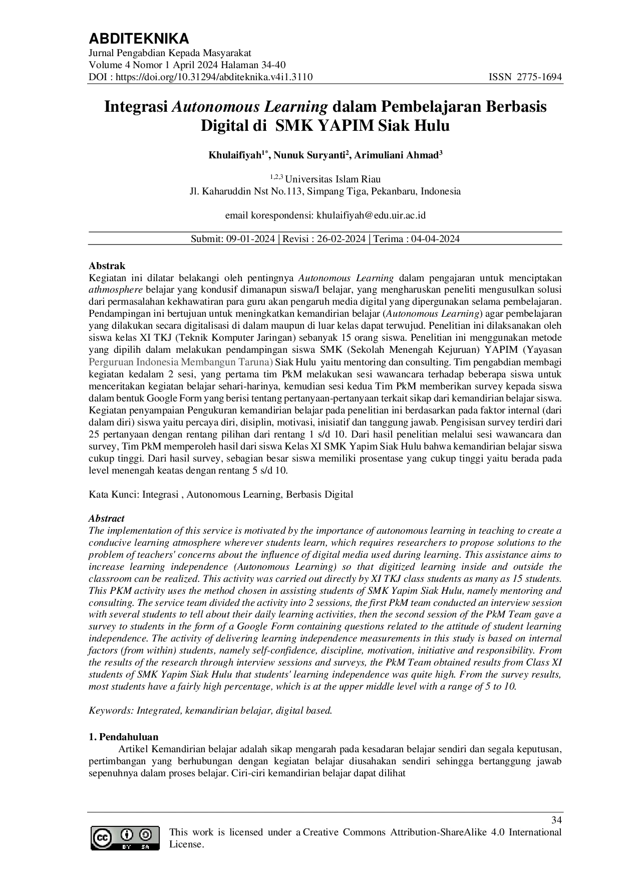 JURIS Integrasi Autonomous Learning dalam Pembelajaran Berbasis Digital di SMK YAPIM Siak Hulu
