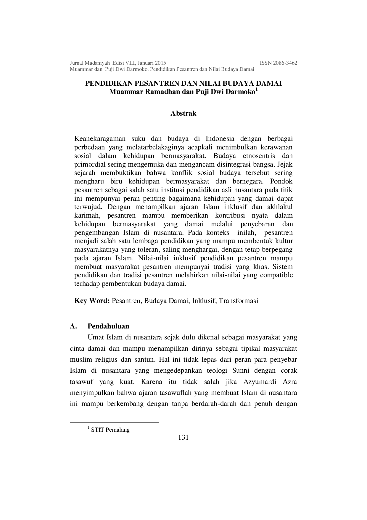 juris Pendidikan Pesantren dan Nilai Budaya Damai