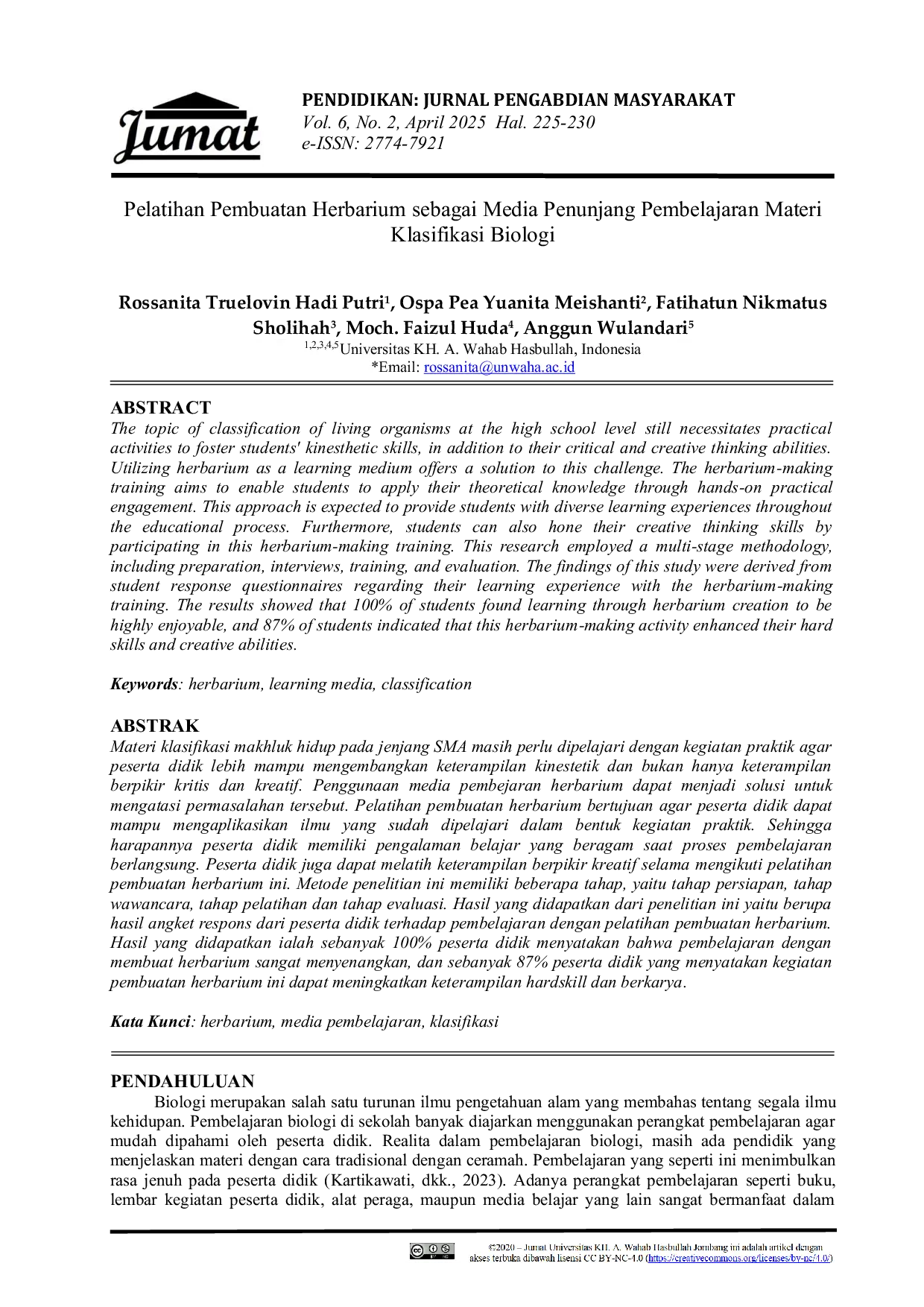 JURIS Pelatihan Pembuatan Herbarium sebagai Media Penunjang Pembelajaran Materi Klasifikasi Biologi