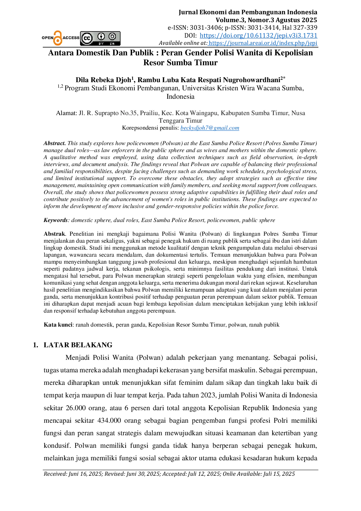 JURIS Antara Domestik Dan Publik Peran Gender Polisi Wanita di Kepolisian Resor Sumba Timur