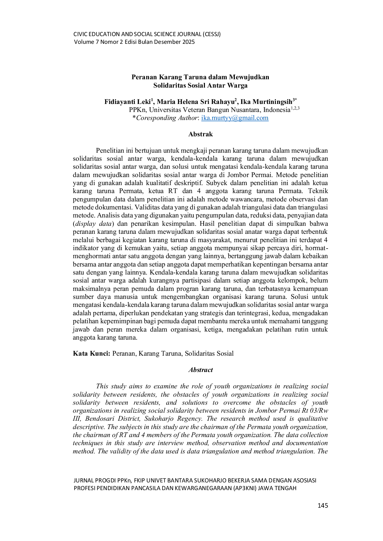 JURIS Peranan Karang Taruna dalam Mewujudkan Solidaritas Sosial Antar Warga