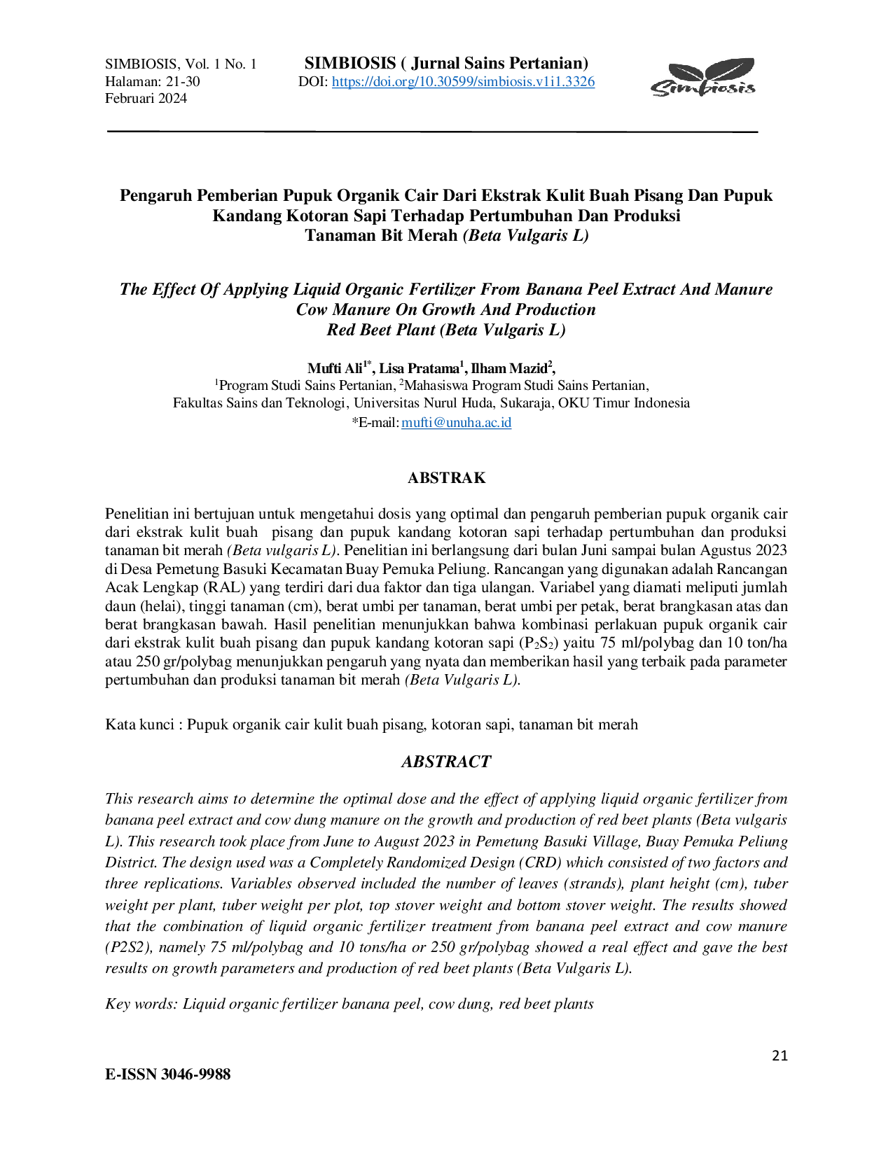 JURIS Pengaruh Pemberian Pupuk Organik Cair Dari Ekstrak Kulit Buah Pisang Dan Pupuk Kandang Kotoran Sapi Terhadap Pertumbuhan Dan Produksi Tanaman Bit Merah Beta Vulgaris L