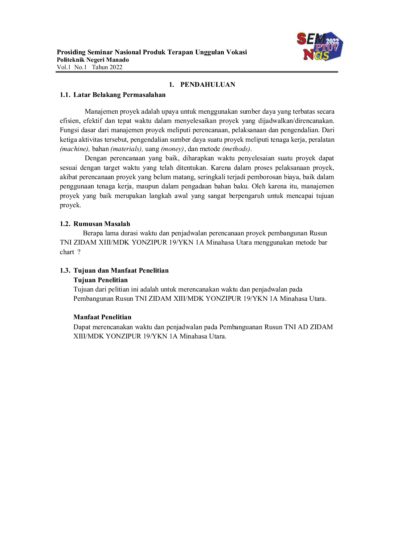 JURIS Perencanaan Waktu dan Penjadwalan Pelaksanaan Proyek Pembangunan Rusun TNI di Minahasa Utara